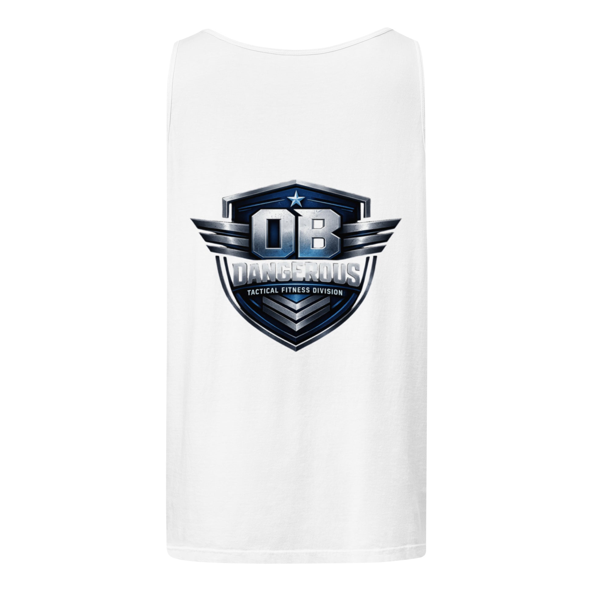 Unisex white garment-dyed tactical fitness tank top by OB DANGEROUS, designed for gym and street wear, shown from the back.