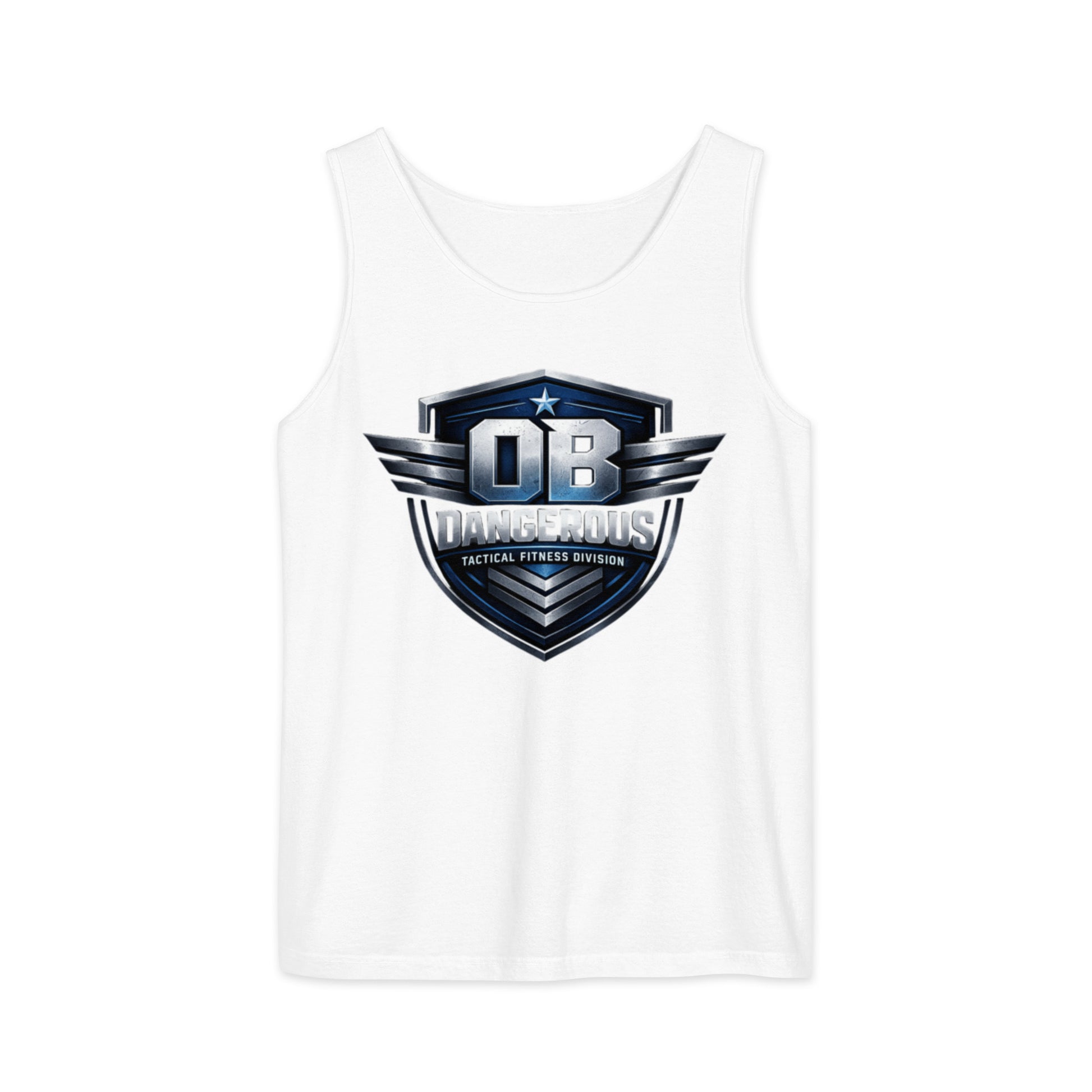 Unisex white garment-dyed tactical fitness tank top by OB DANGEROUS, designed for gym, street, and casual wear.