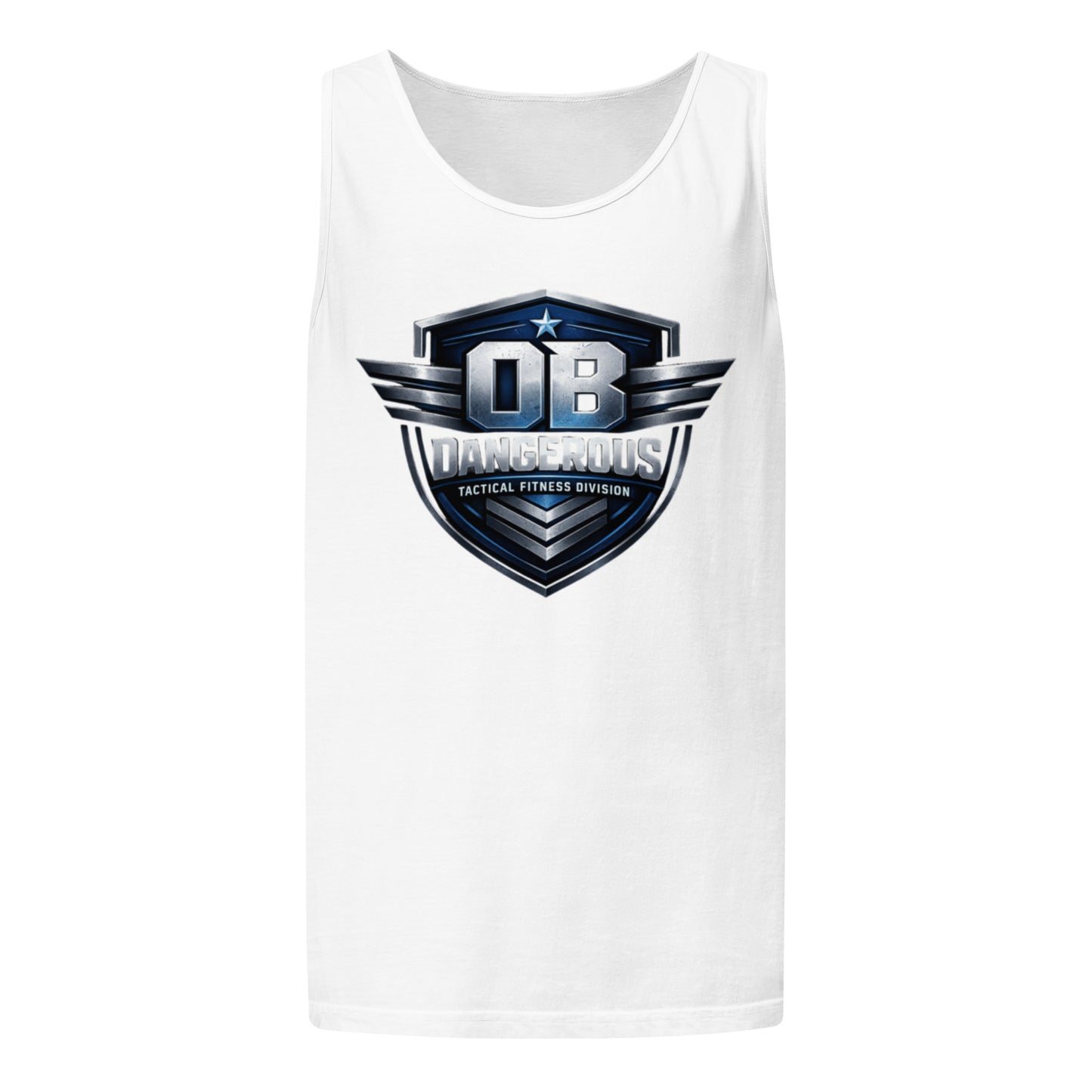 Unisex white tactical fitness tank top by OB DANGEROUS, garment-dyed T-shirt designed for gym and street wear.