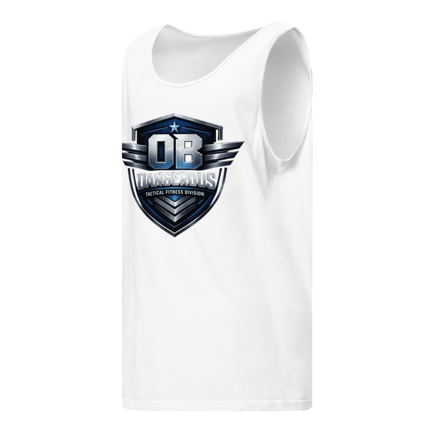 Unisex white garment-dyed tactical fitness tank top by OB DANGEROUS, designed for gym and street wear, shown from left front angle.