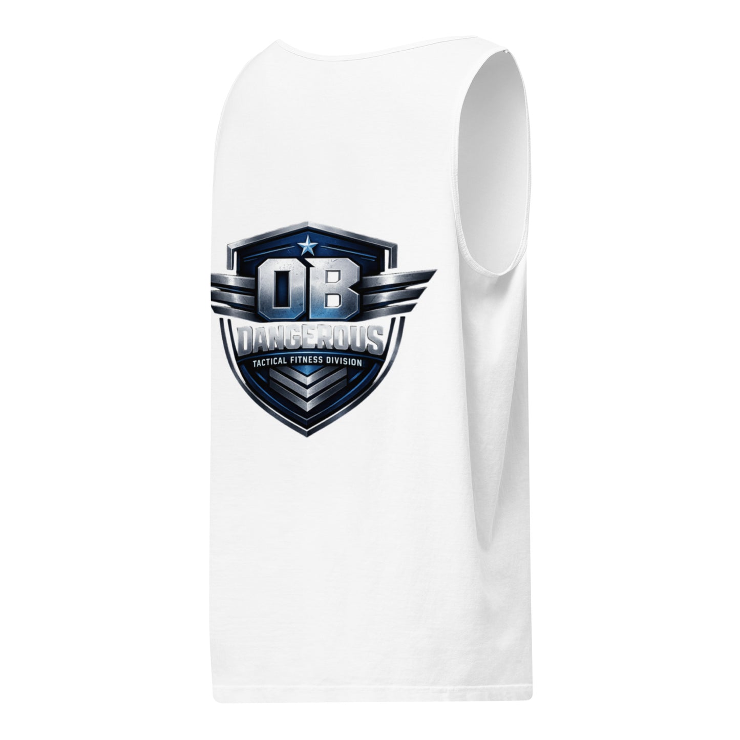 Unisex white garment-dyed tactical fitness tank top by OB DANGEROUS, designed for gym and street wear, shown from the right back angle.