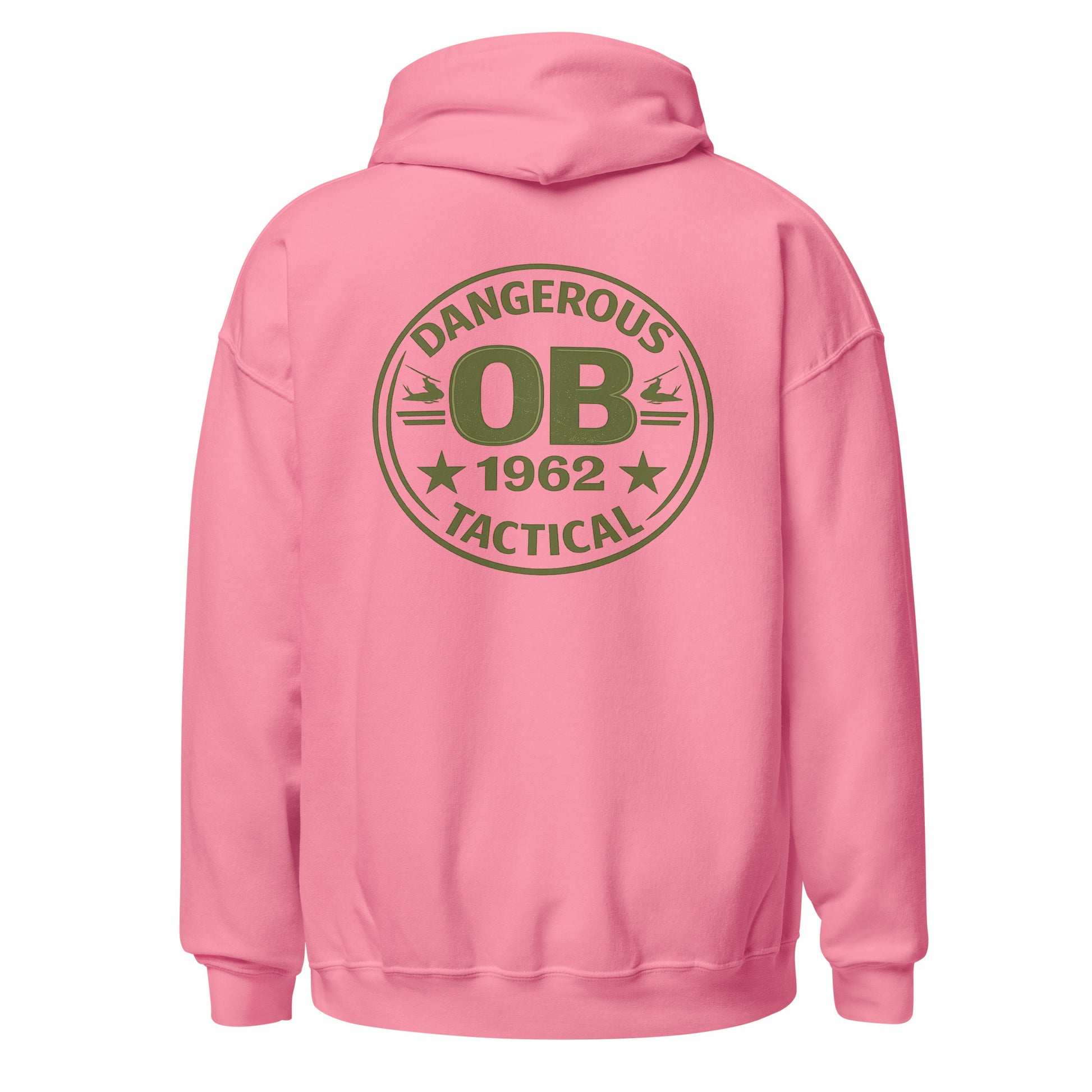 Unisex Retro OBDangerous hoodie in azalea color, front view showing bold streetwear style and comfortable heavy blend fabric.