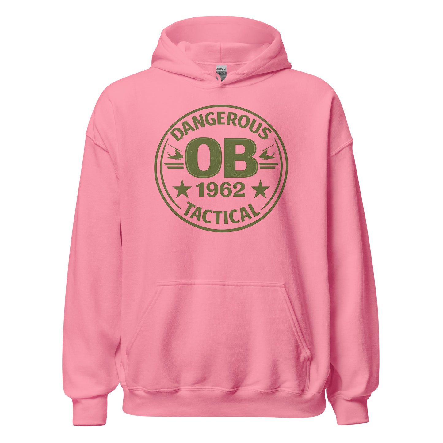 Unisex Retro OBDangerous hoodie in azalea, front view, heavy blend fabric, casual streetwear style with bold logo design.