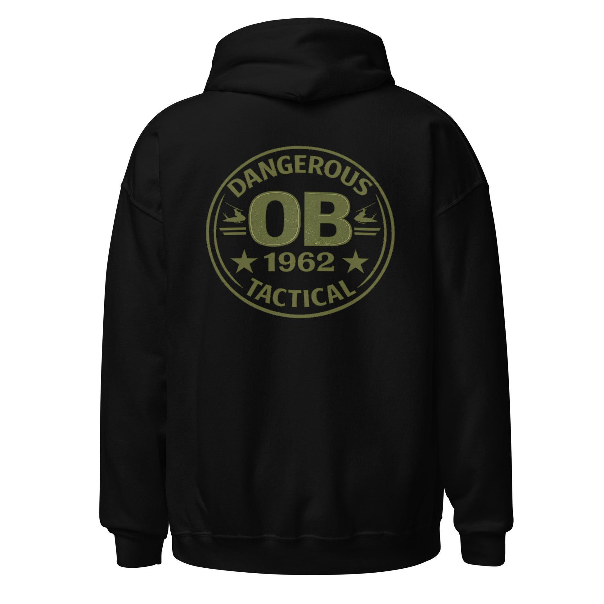 Black unisex hoodie by OB DANGEROUS, featuring a casual design suitable for gym, street, and everyday wear.