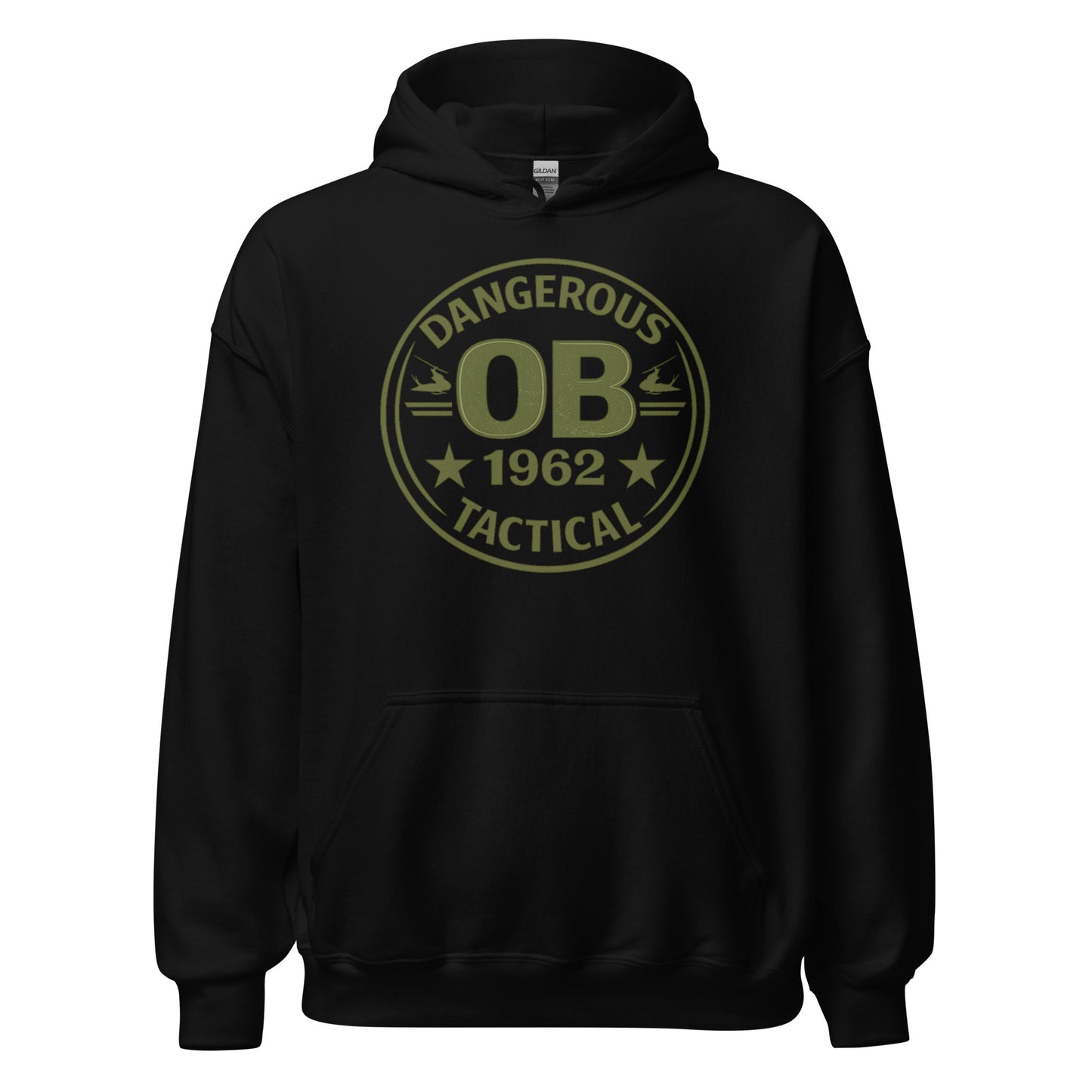 Black unisex hoodie from OB DANGEROUS featuring bold front design, suitable for gym, streetwear, and casual style.