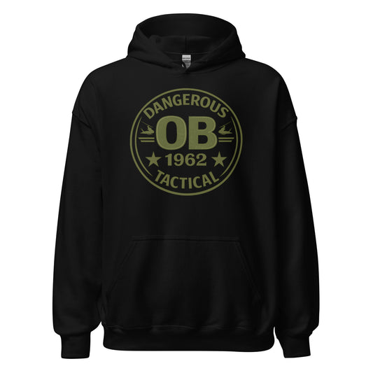 Black unisex hoodie from OB DANGEROUS featuring bold front design, suitable for gym, streetwear, and casual style.