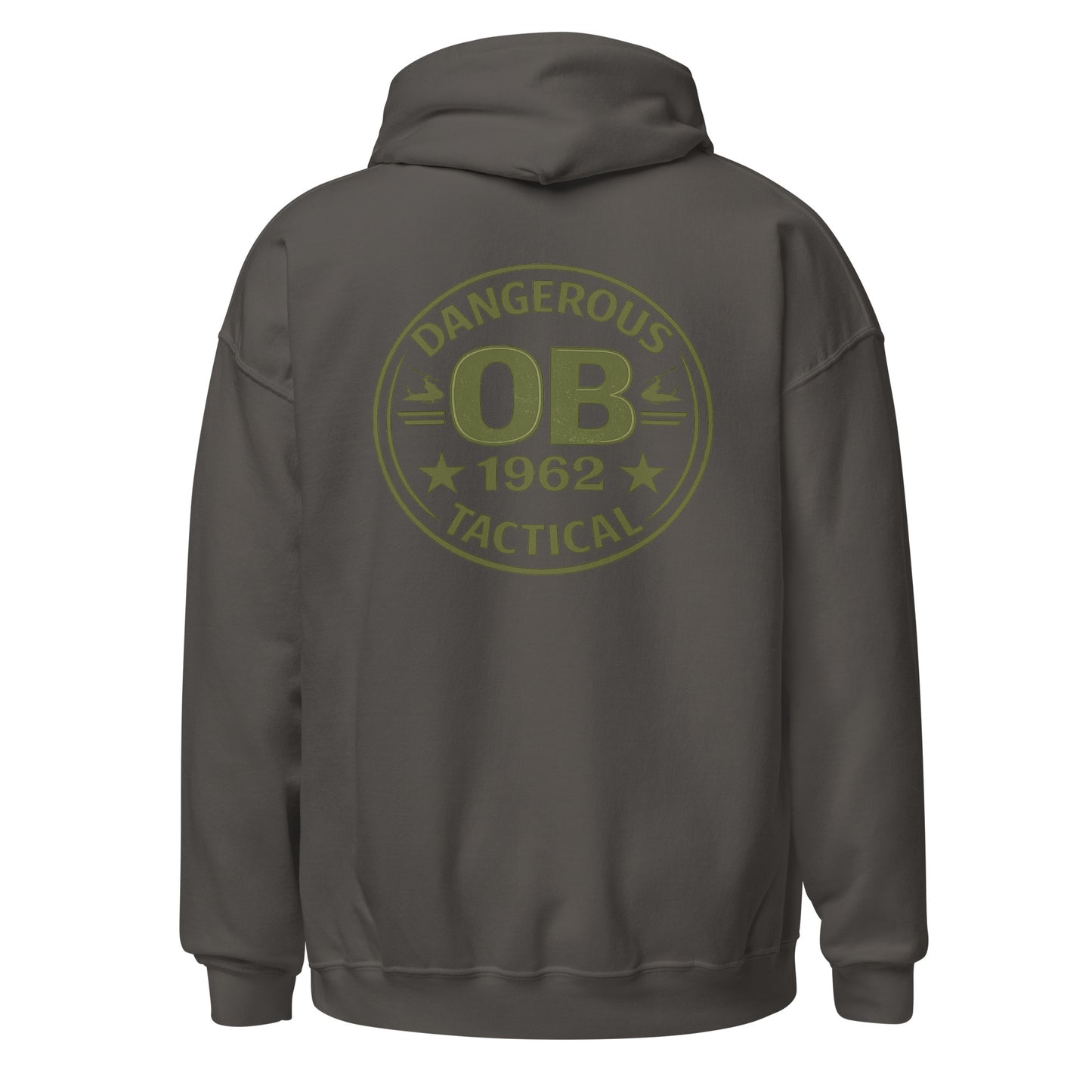 Charcoal unisex hoodie by OB DANGEROUS featuring bold graphic print, made from heavy blend fabric, suitable for gym, street, and casual wear.