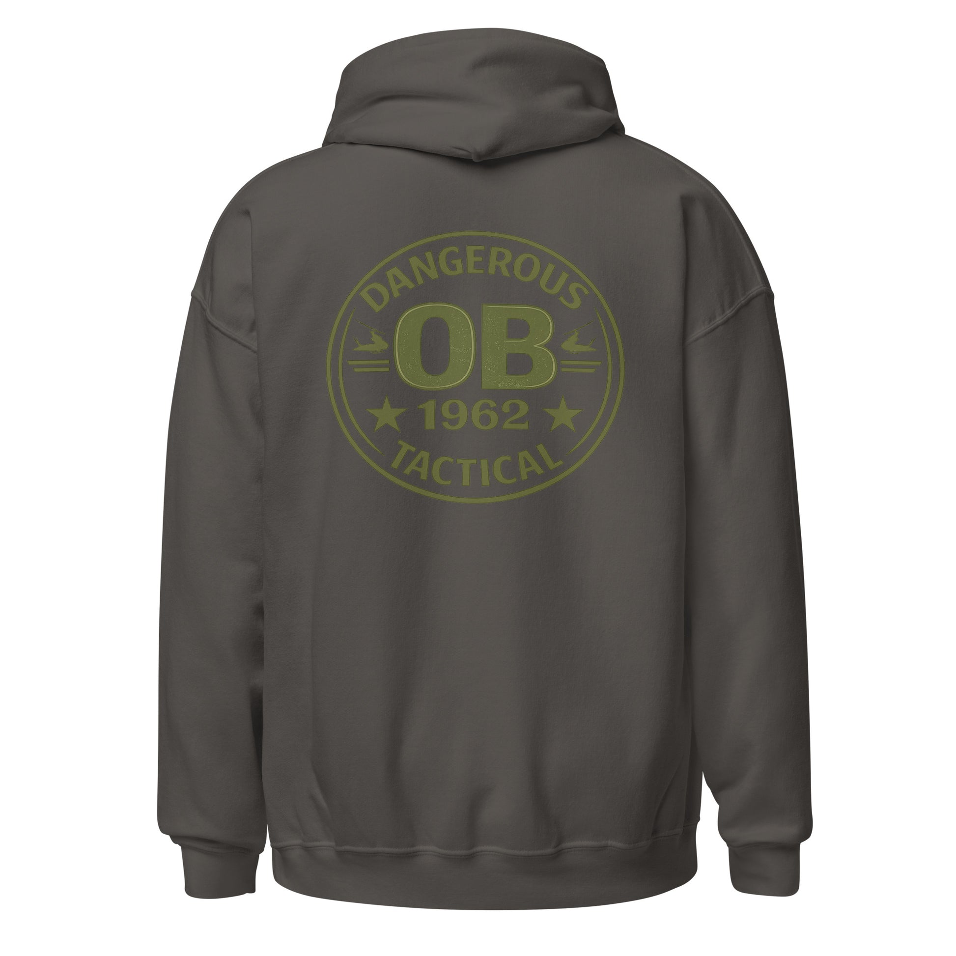 Charcoal unisex hoodie by OB DANGEROUS featuring bold graphic print, made from heavy blend fabric, suitable for gym, street, and casual wear.