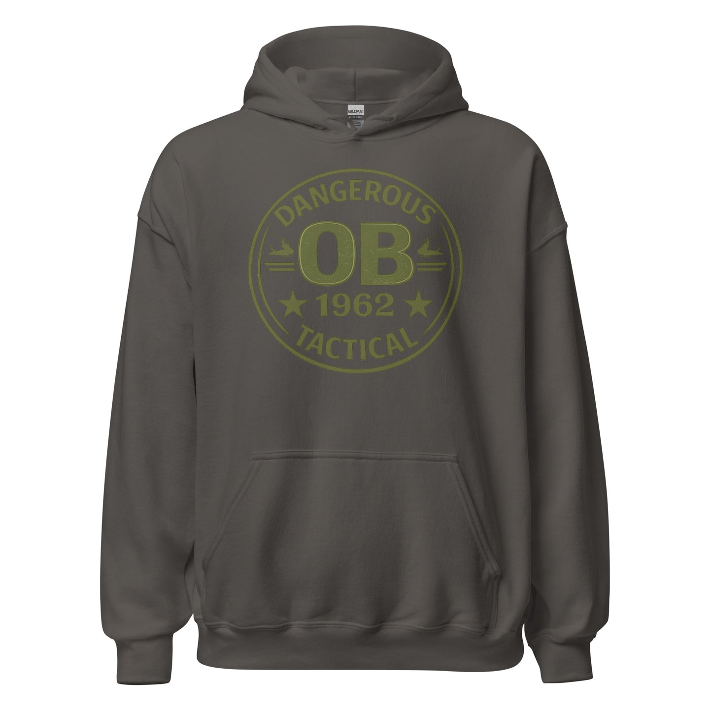Charcoal unisex hoodie from OB DANGEROUS featuring bold graphic design, casual fit, and comfortable heavy-blend fabric.