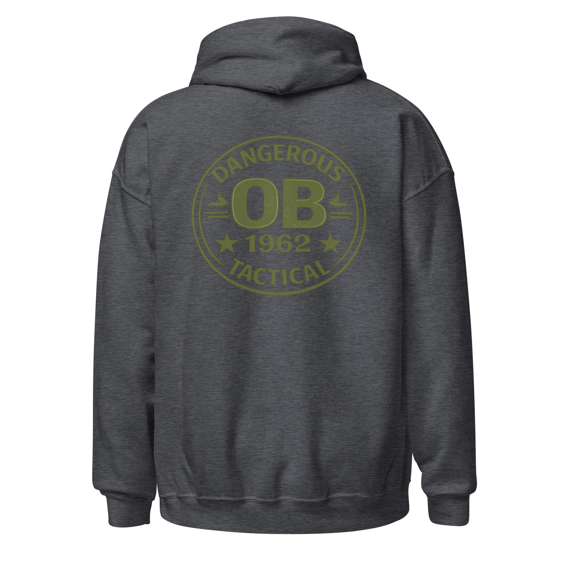 Unisex dark heather hoodie from OB DANGEROUS, designed for gym, street, featuring a comfortable heavy blend fabric and casual fit.