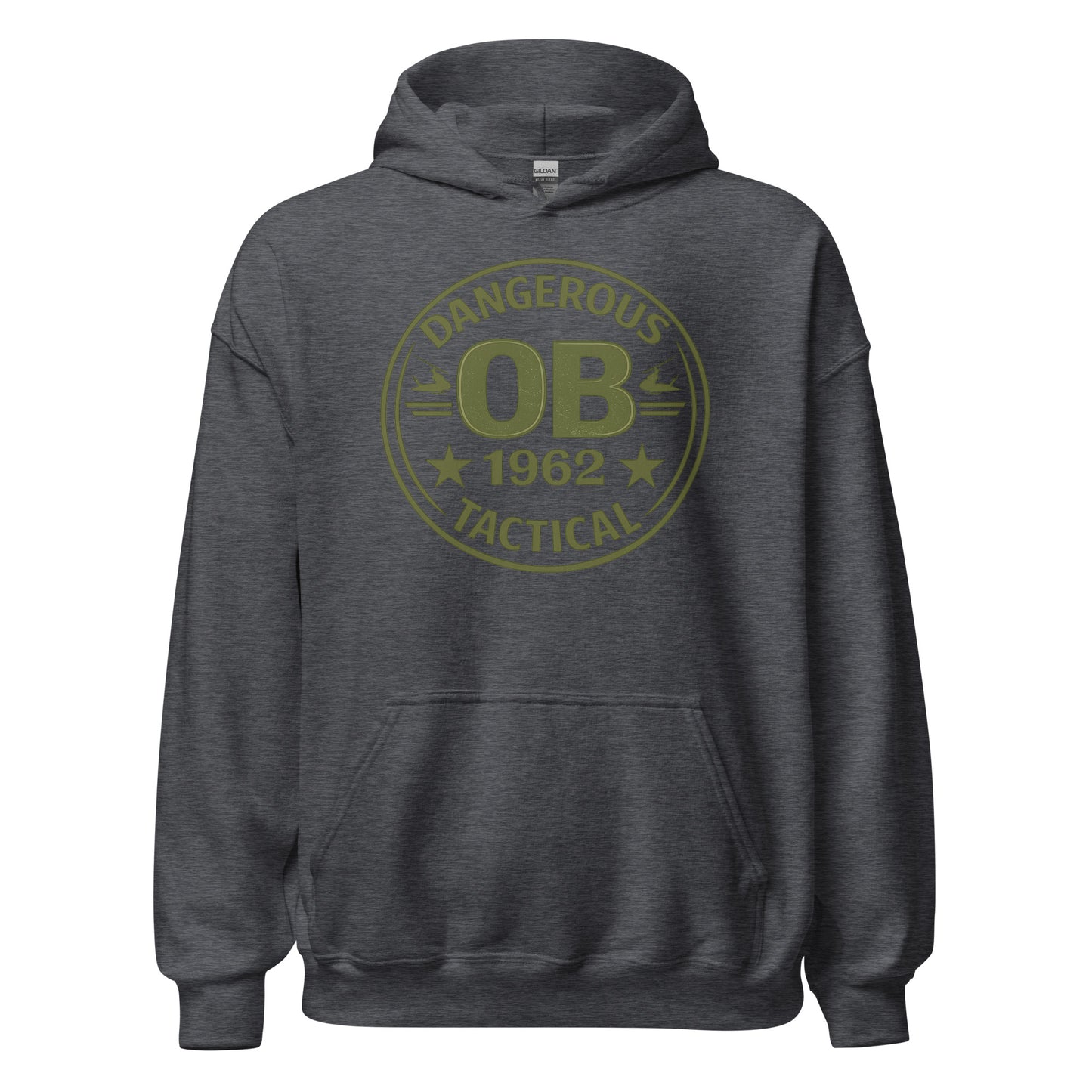 Dark heather unisex hoodie from OB DANGEROUS featuring bold front design, perfect for gym, streetwear, and casual wear.
