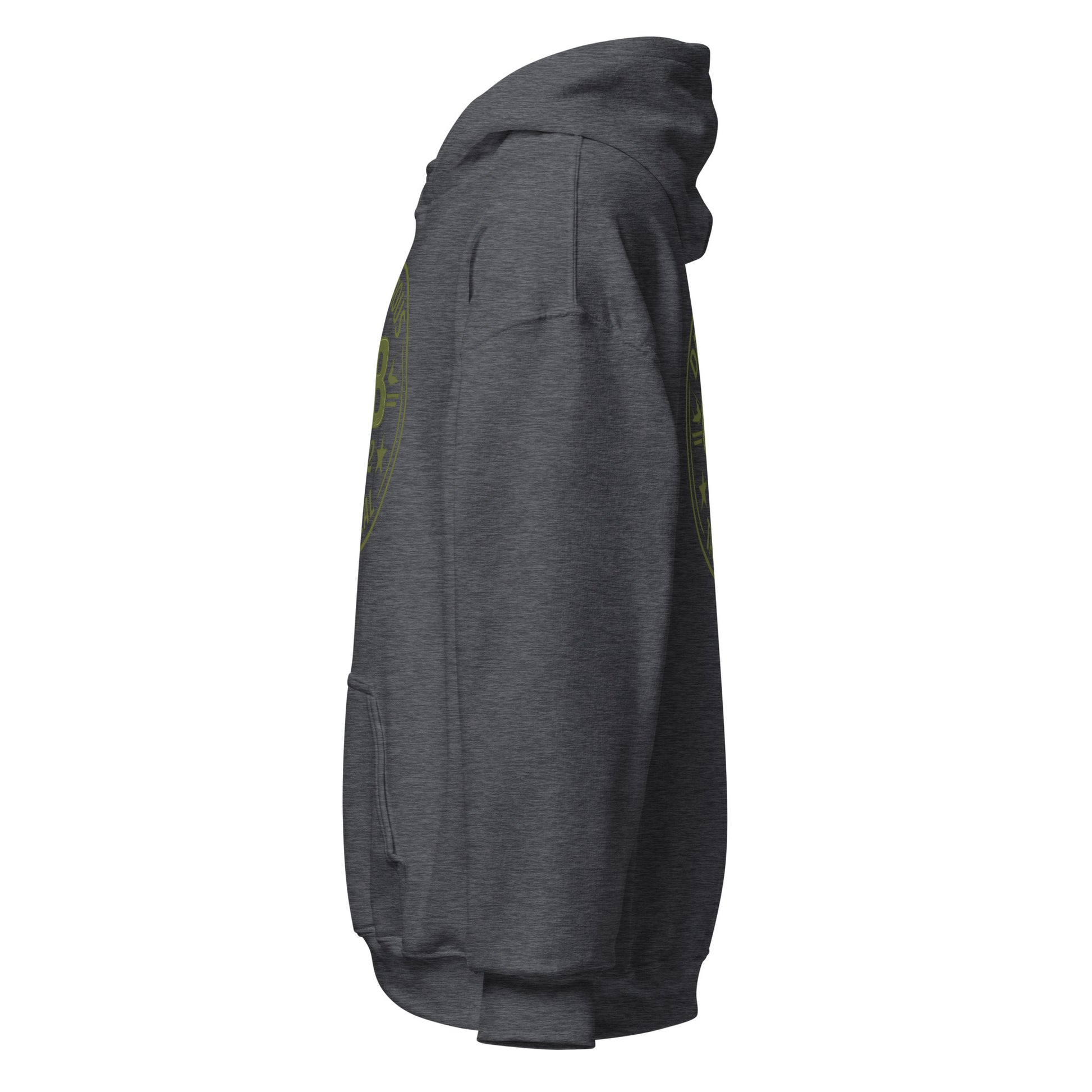 Dark heather unisex hoodie from OB DANGEROUS featuring bold graphic design, casual fit, and comfortable heavy-blend fabric.