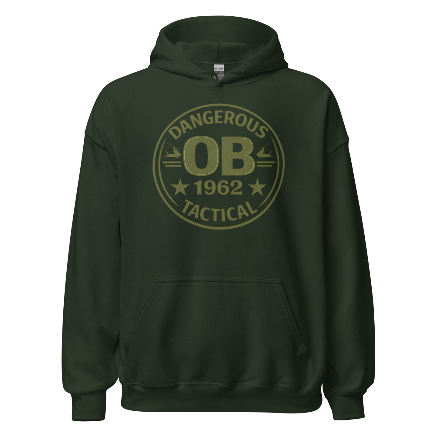 Forest green Retro OBDangerous unisex hoodie with bold front design, made from heavy blend fabric, ideal for gym and street wear.