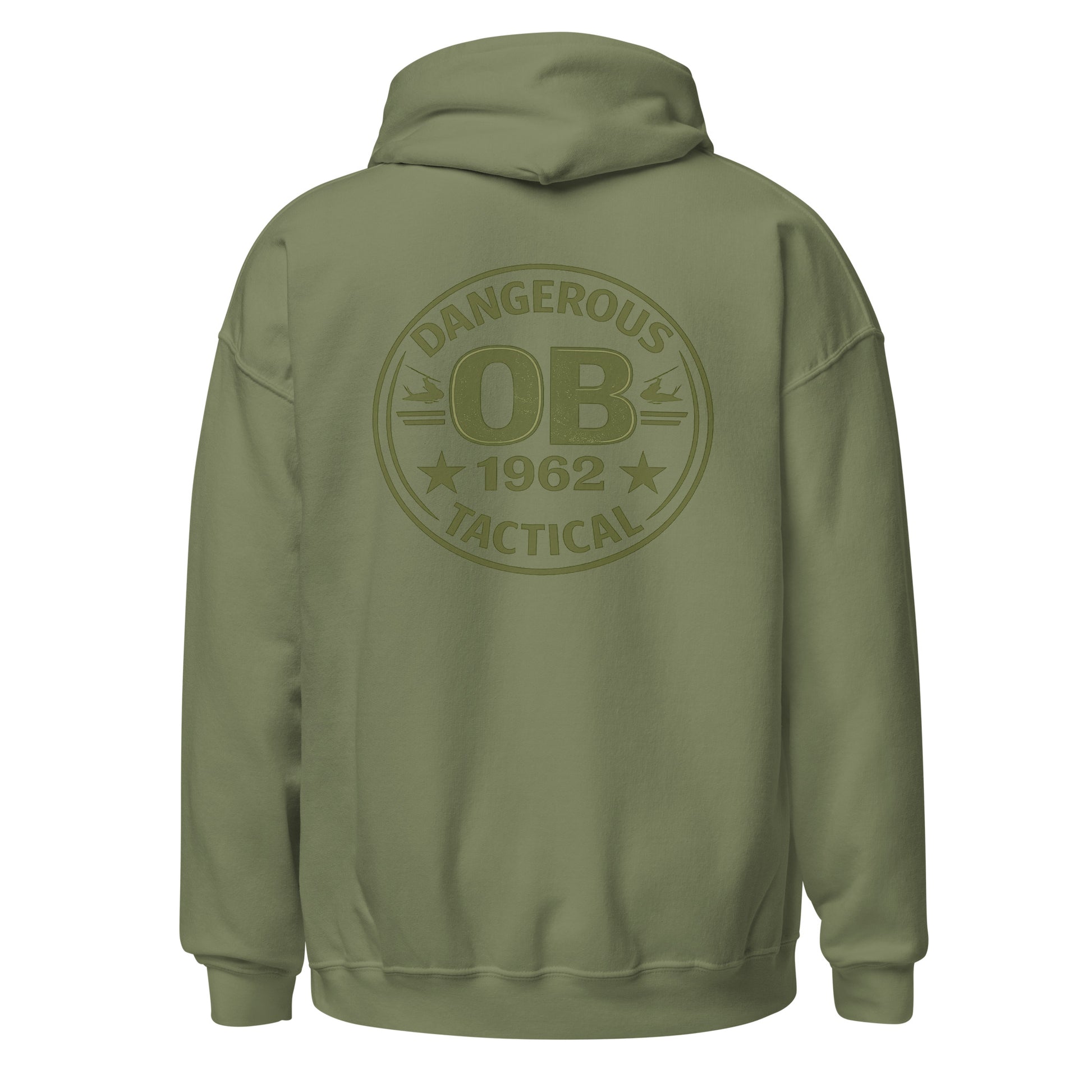 Military green unisex hoodie from OB DANGEROUS with bold graphic design, suitable for gym, streetwear, and casual styles.