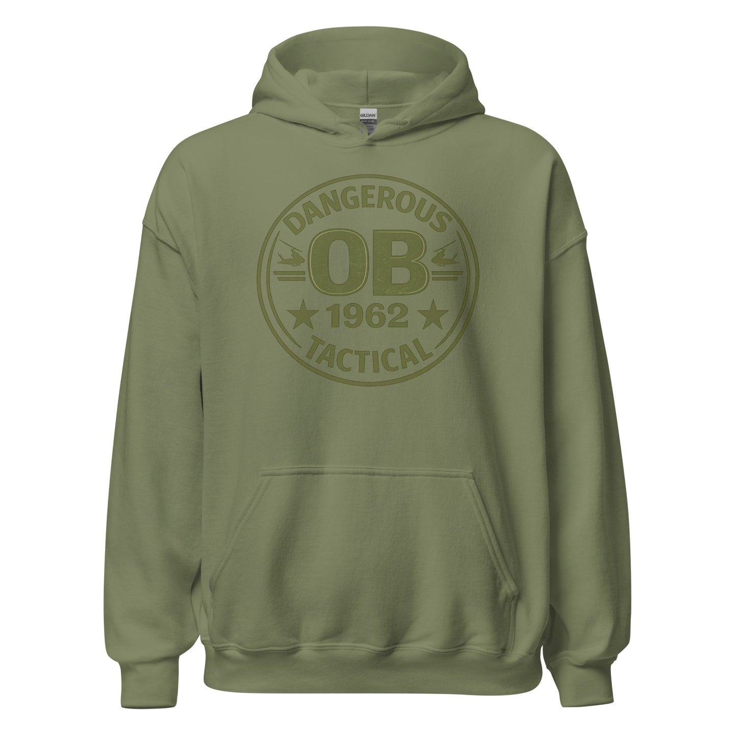 Unisex military green hoodie from OB DANGEROUS with bold front graphic, designed for gym, street, and casual wear.