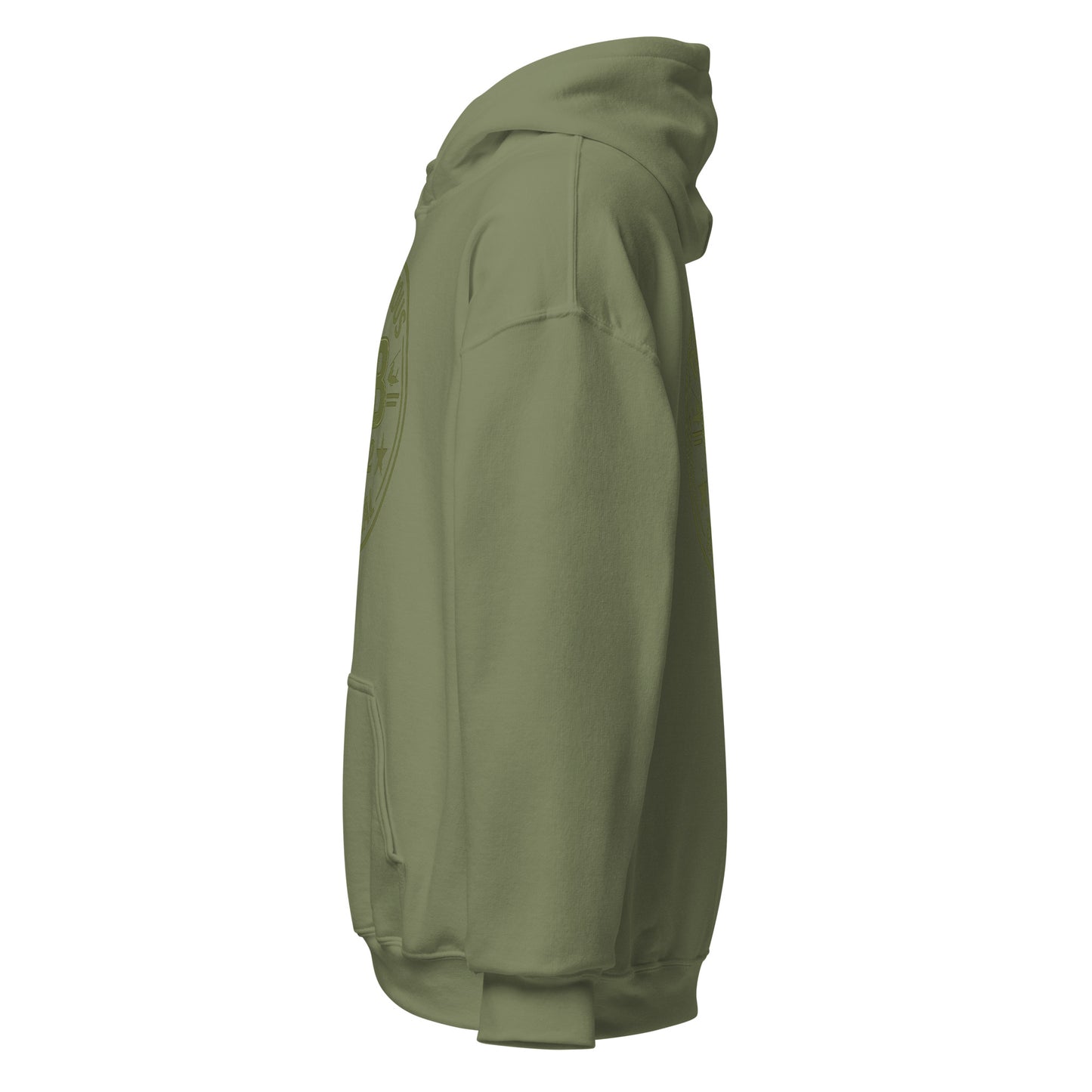 Unisex military green hoodie by OB DANGEROUS with bold graphic design, casual fit, suitable for gym and streetwear.