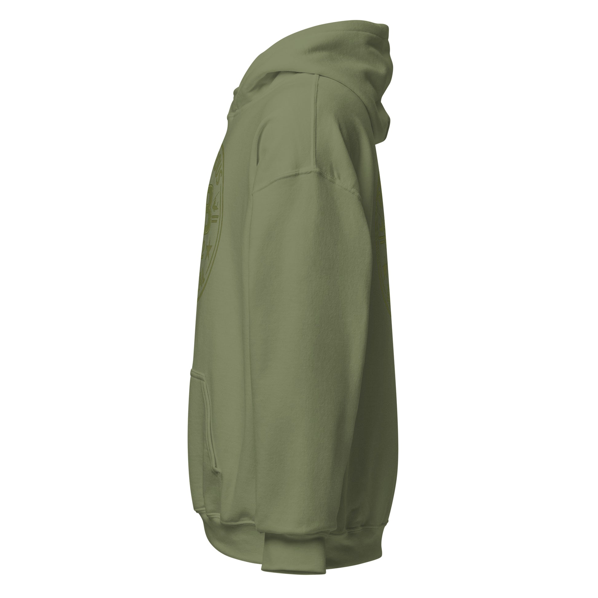 Unisex military green hoodie by OB DANGEROUS with bold graphic design, casual fit, suitable for gym and streetwear.