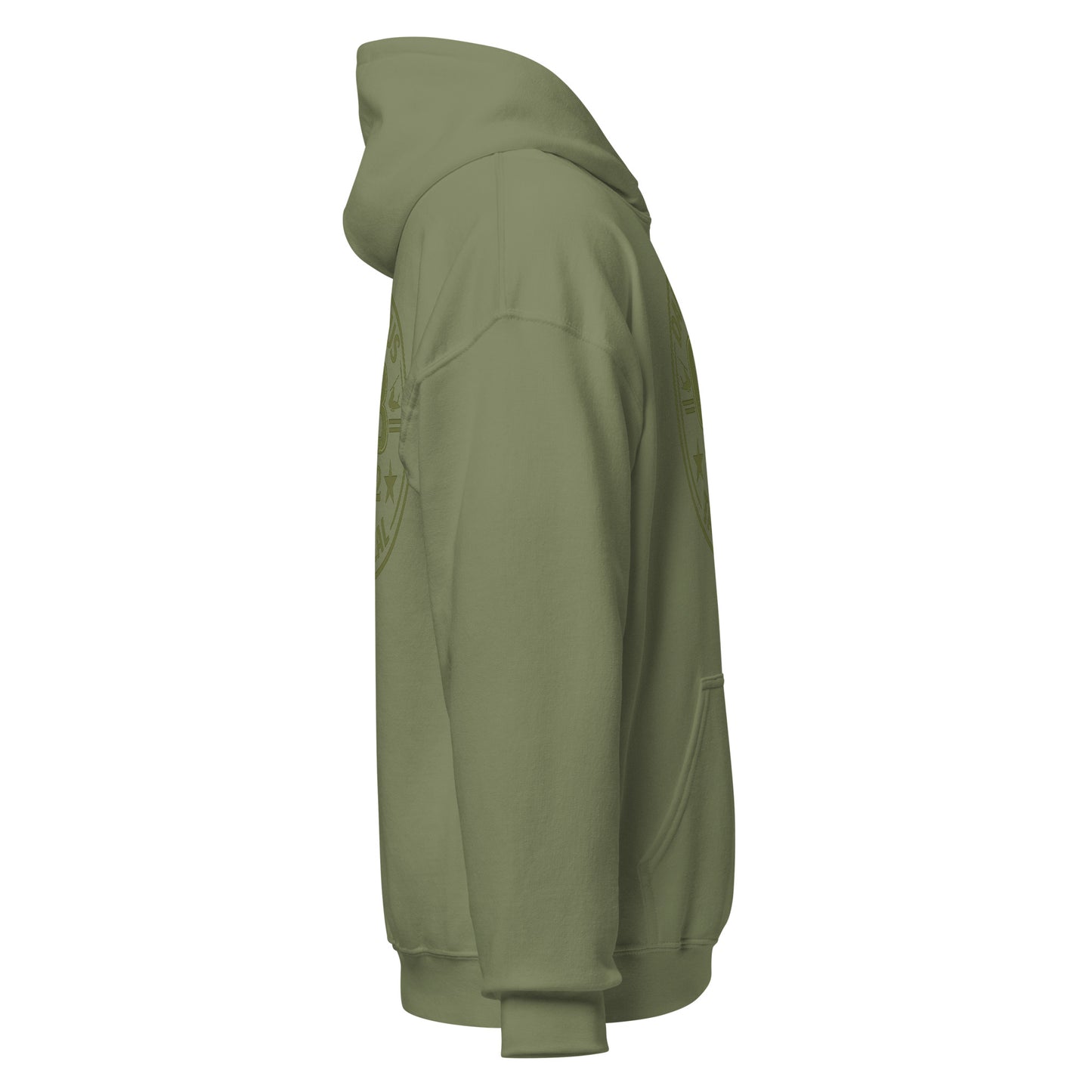 Military green unisex hoodie by OB DANGEROUS, heavy blend fabric, casual style perfect for gym and streetwear.