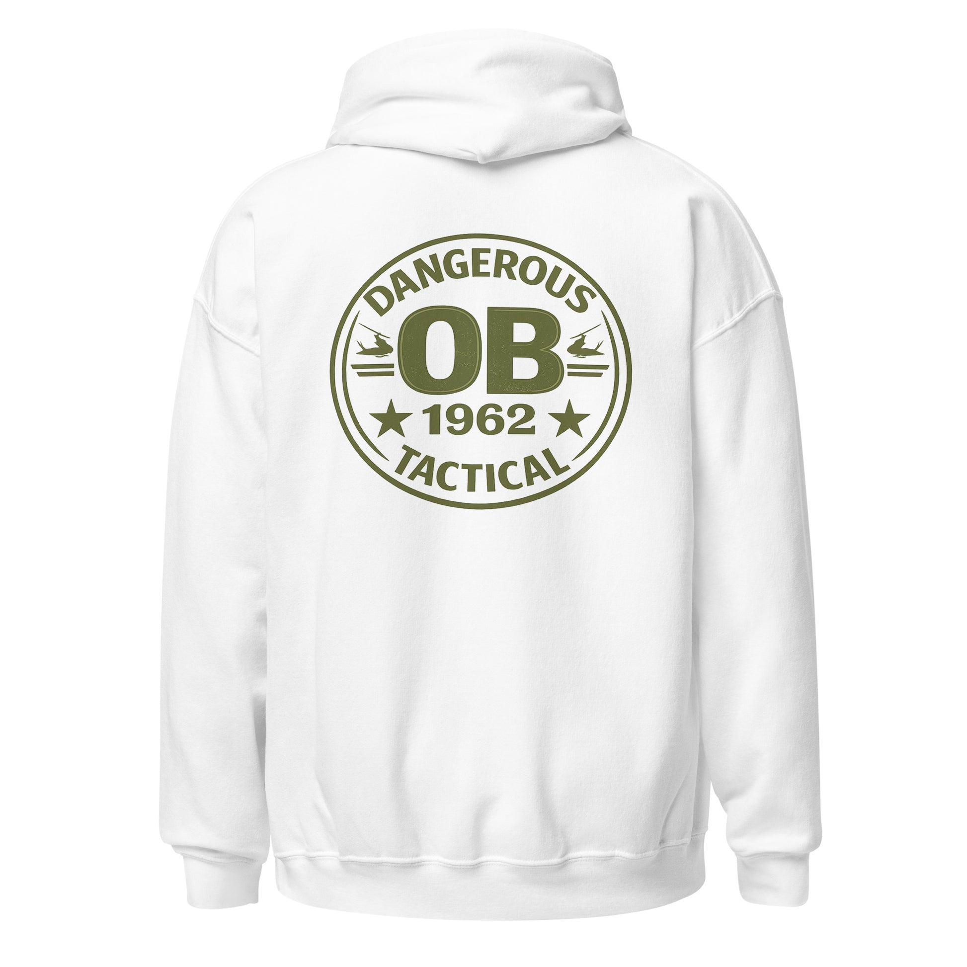 White unisex hoodie by OB DANGEROUS with bold "OB DANGEROUS" logo on back, designed for gym, street, and casual wear.