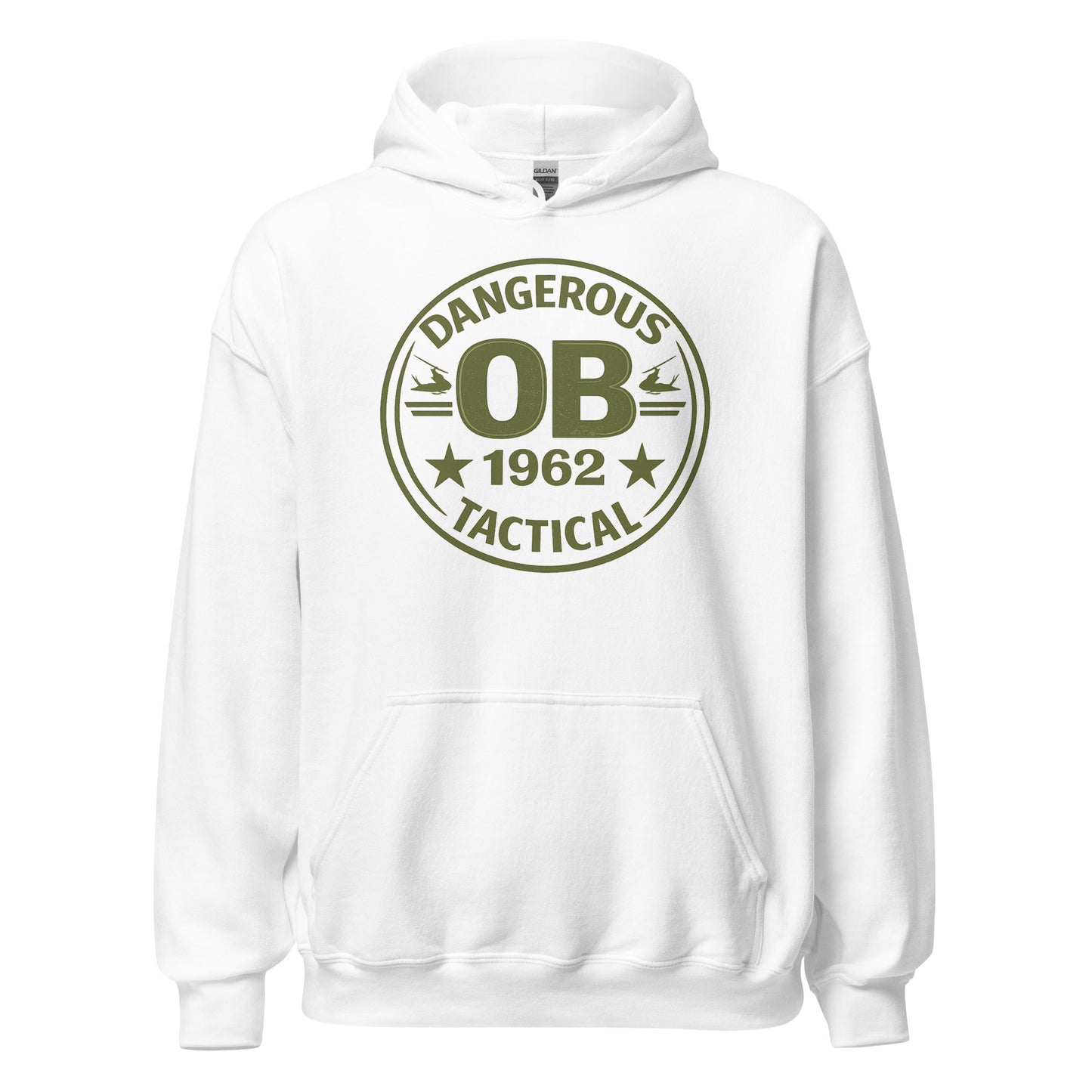 White unisex hoodie from OB DANGEROUS with bold front design, ideal for gym, streetwear, and casual style.