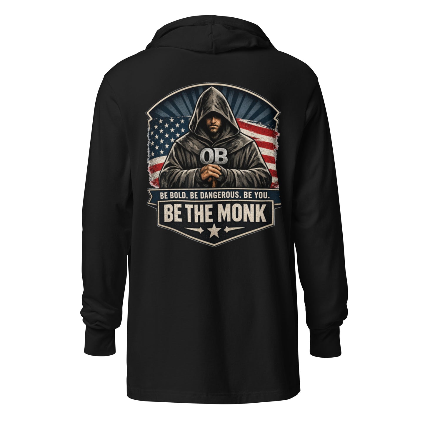 Black hooded long-sleeve T-shirt by OB DANGEROUS, featuring a unisex design with a back graphic, suitable for gym and street wear.