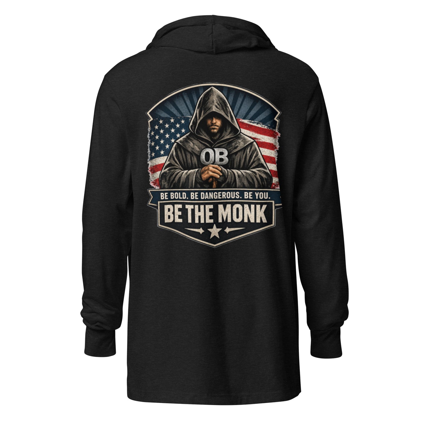 Unisex charcoal black hooded long-sleeve T-shirt by OB DANGEROUS, featuring a tribal-inspired design on the back.