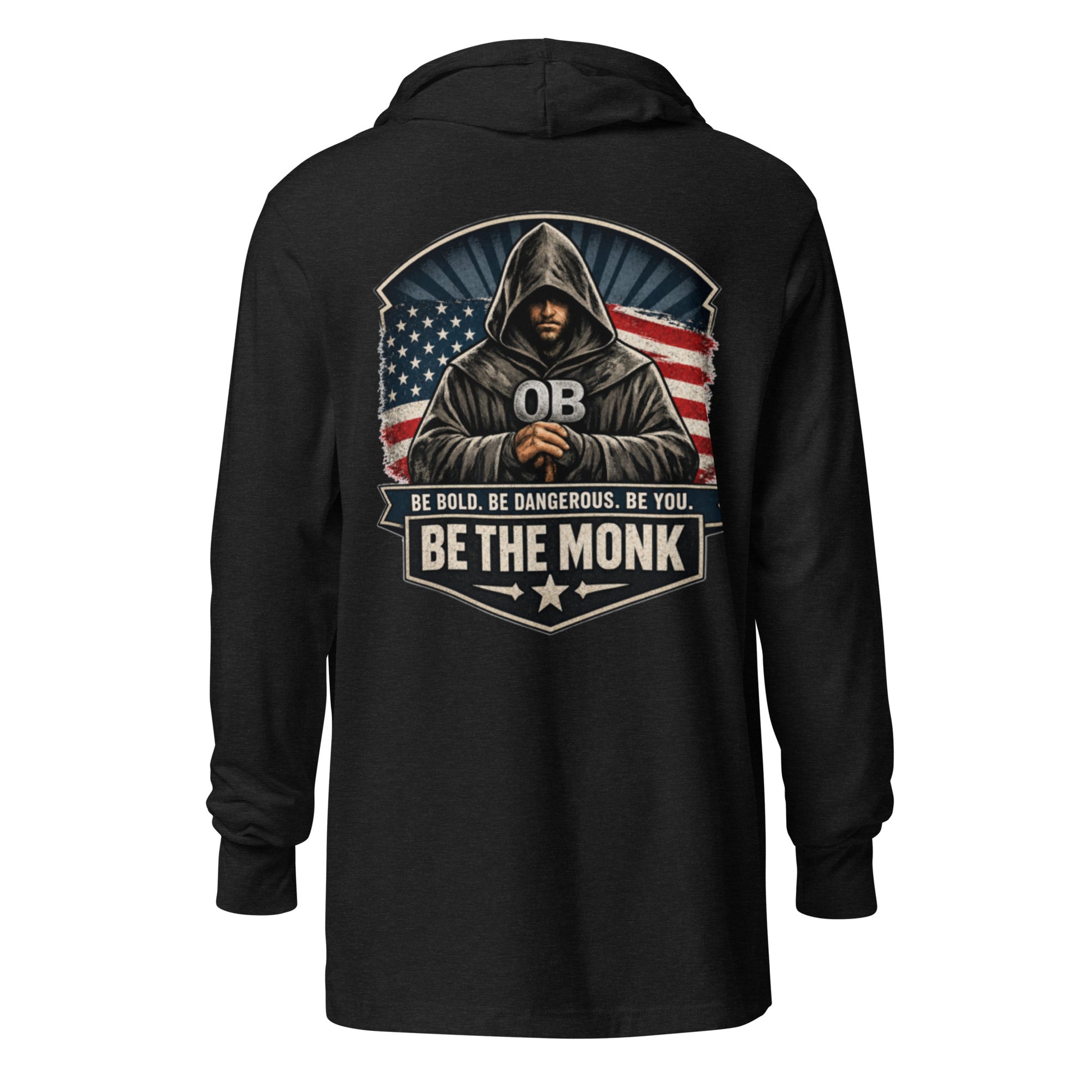Unisex charcoal black hooded long-sleeve T-shirt by OB DANGEROUS, featuring a tribal-inspired design on the back.