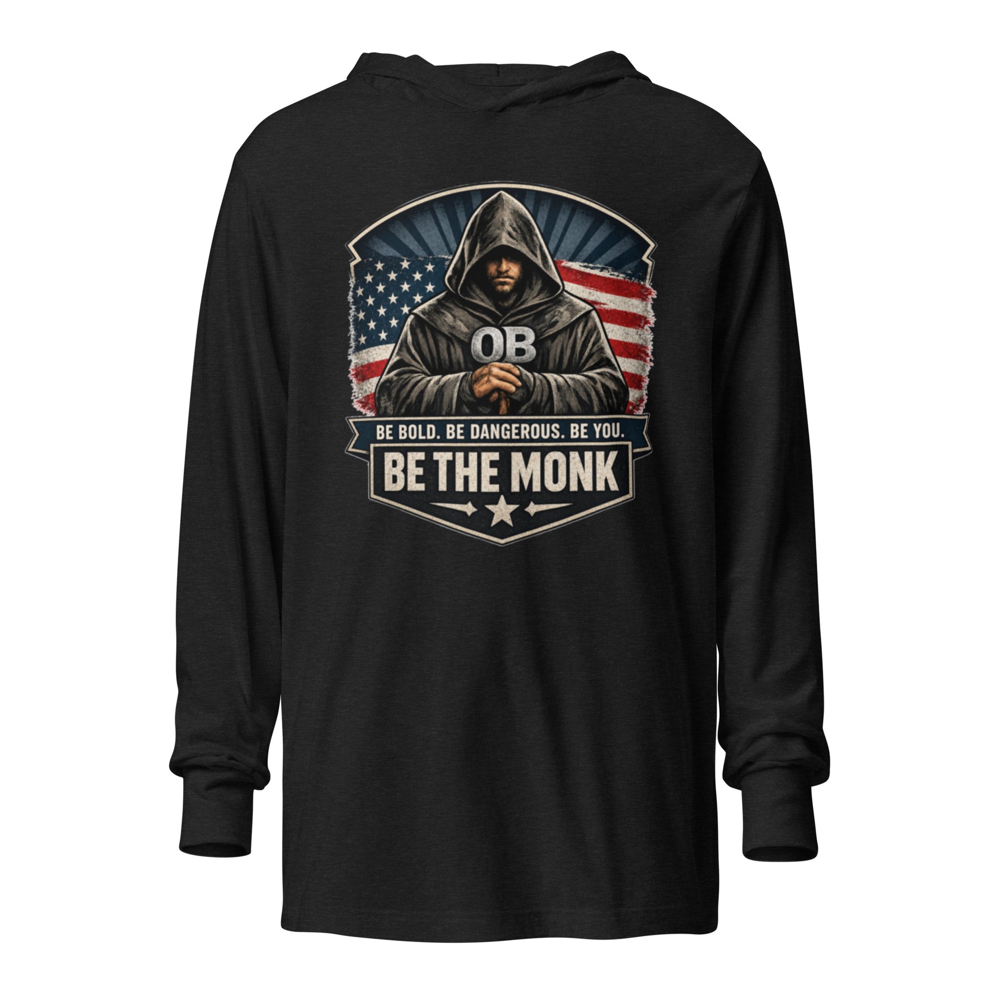 Charcoal black OB DANGEROUS Be The Monk hooded long-sleeve T-shirt, unisex style with front graphic, versatile for gym and street wear.