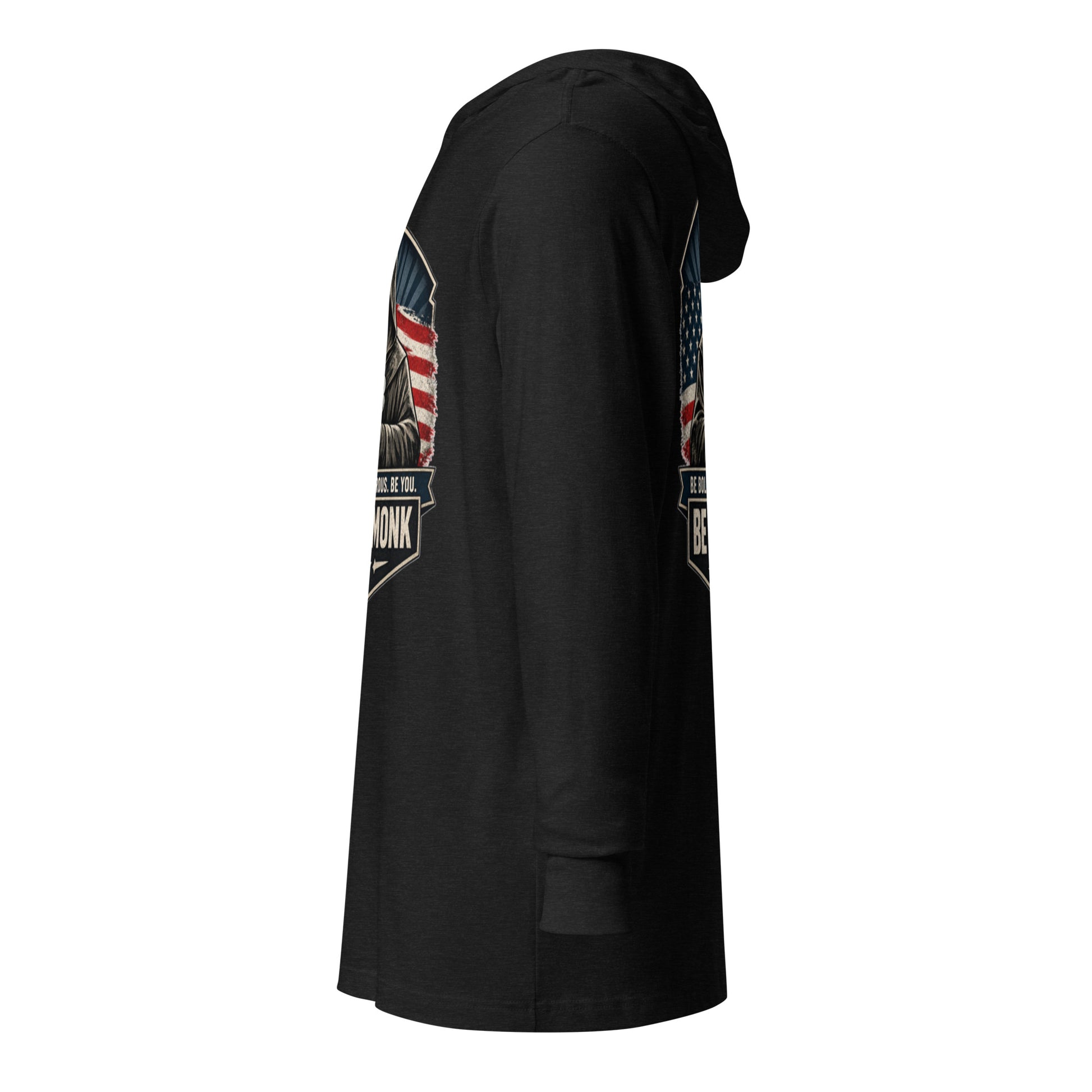 Unisex charcoal black hooded long-sleeve T-shirt by OB DANGEROUS, featuring a comfortable triblend fabric and streetwear style.