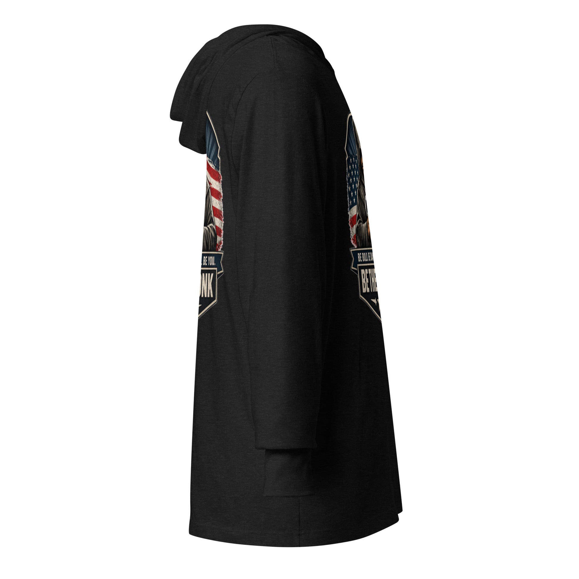Unisex charcoal black hooded long-sleeve T-shirt by OB DANGEROUS, featuring a casual fit and tribal-inspired design.