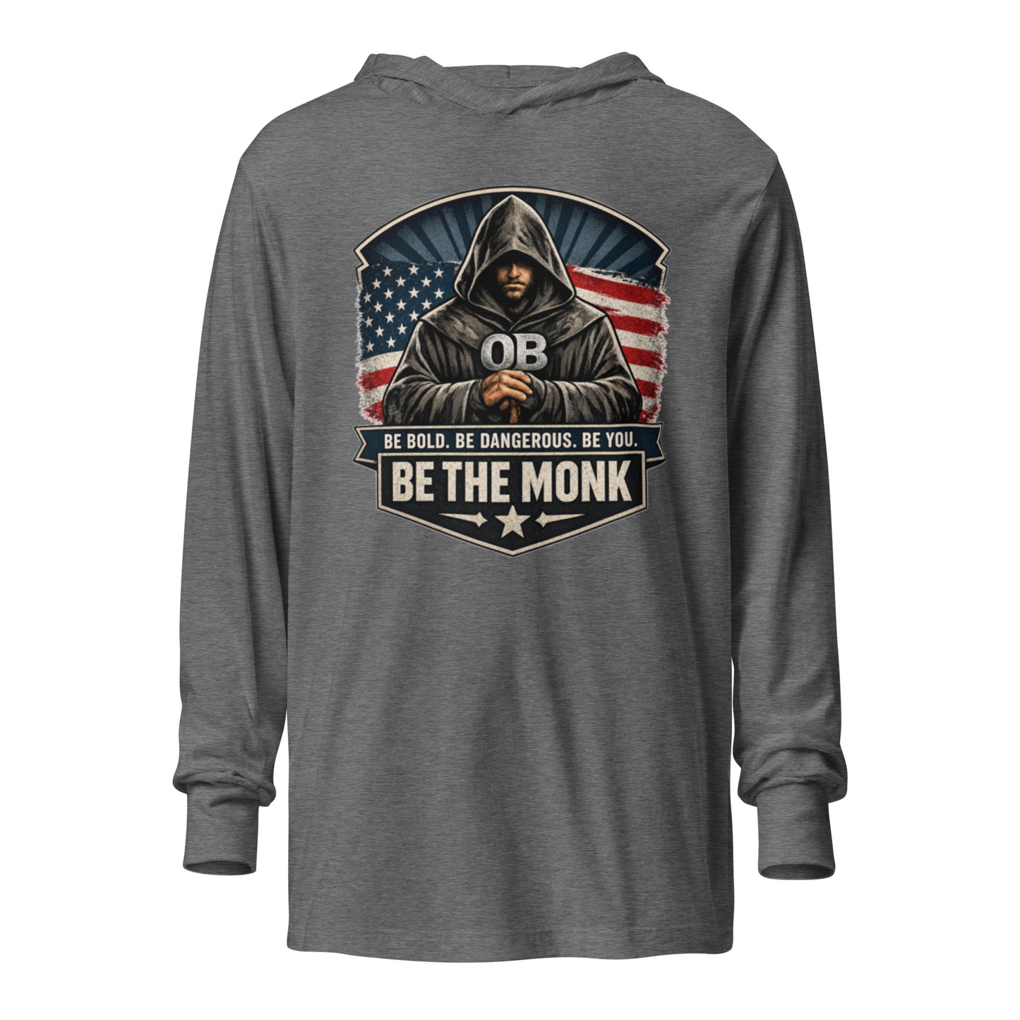 Unisex grey hooded long-sleeve T-shirt by OB DANGEROUS featuring a front graphic design, ideal for gym and streetwear styles.