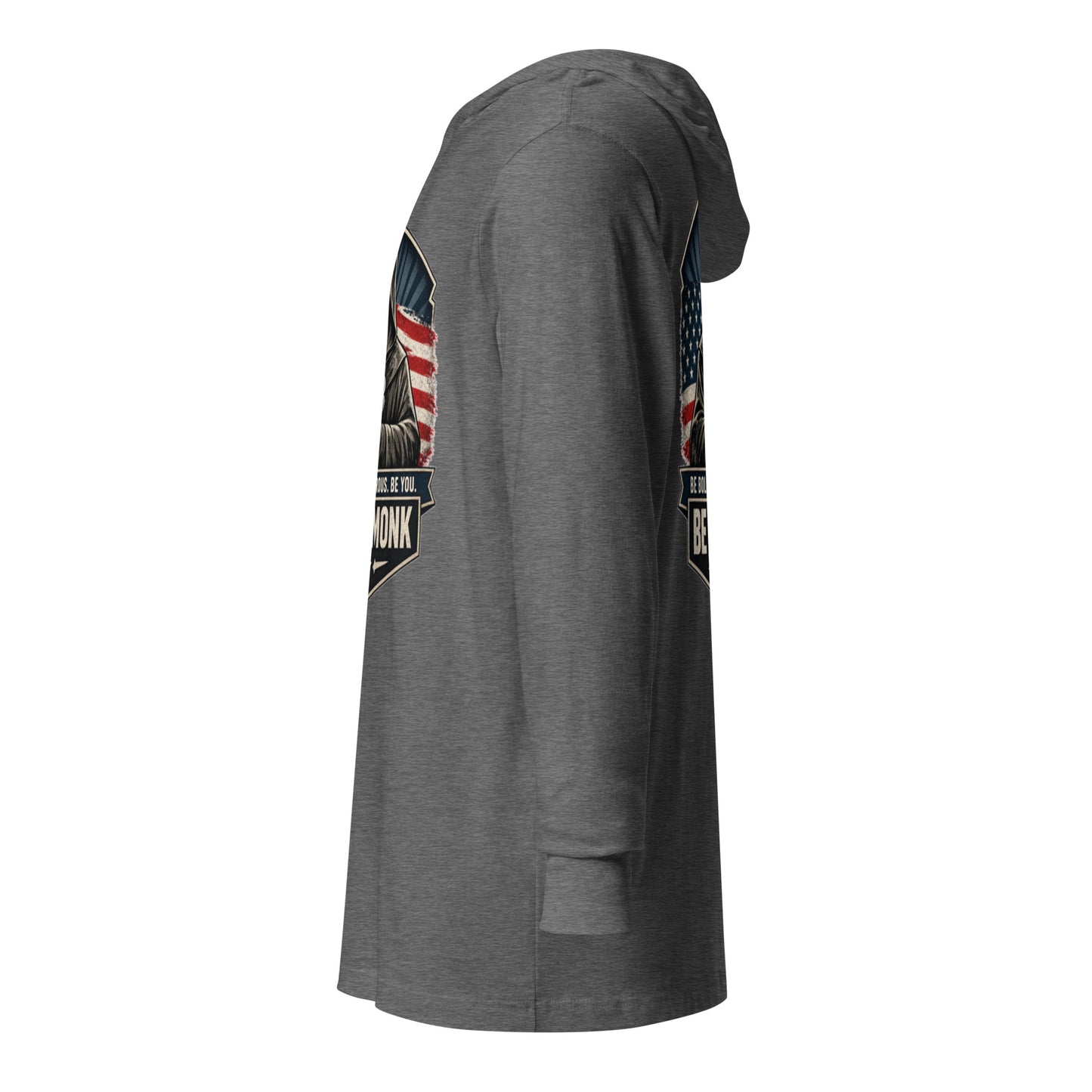Gray unisex hooded long-sleeve t-shirt by OB DANGEROUS featuring a stylish design, perfect for gym, street, and casual wear.