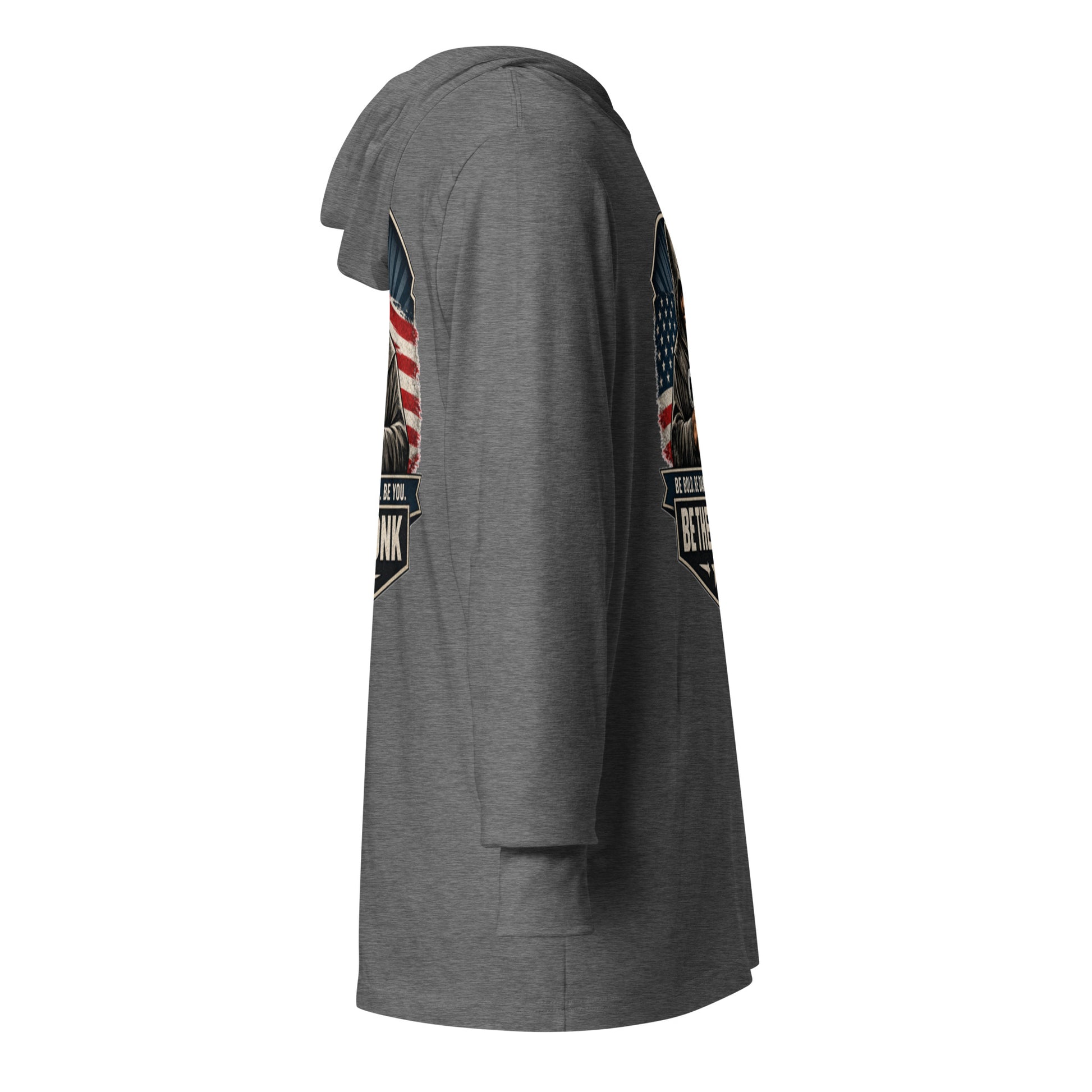 Grey unisex hooded long-sleeve T-shirt by OB DANGEROUS, featuring a casual design perfect for gym, street, and everyday wear.