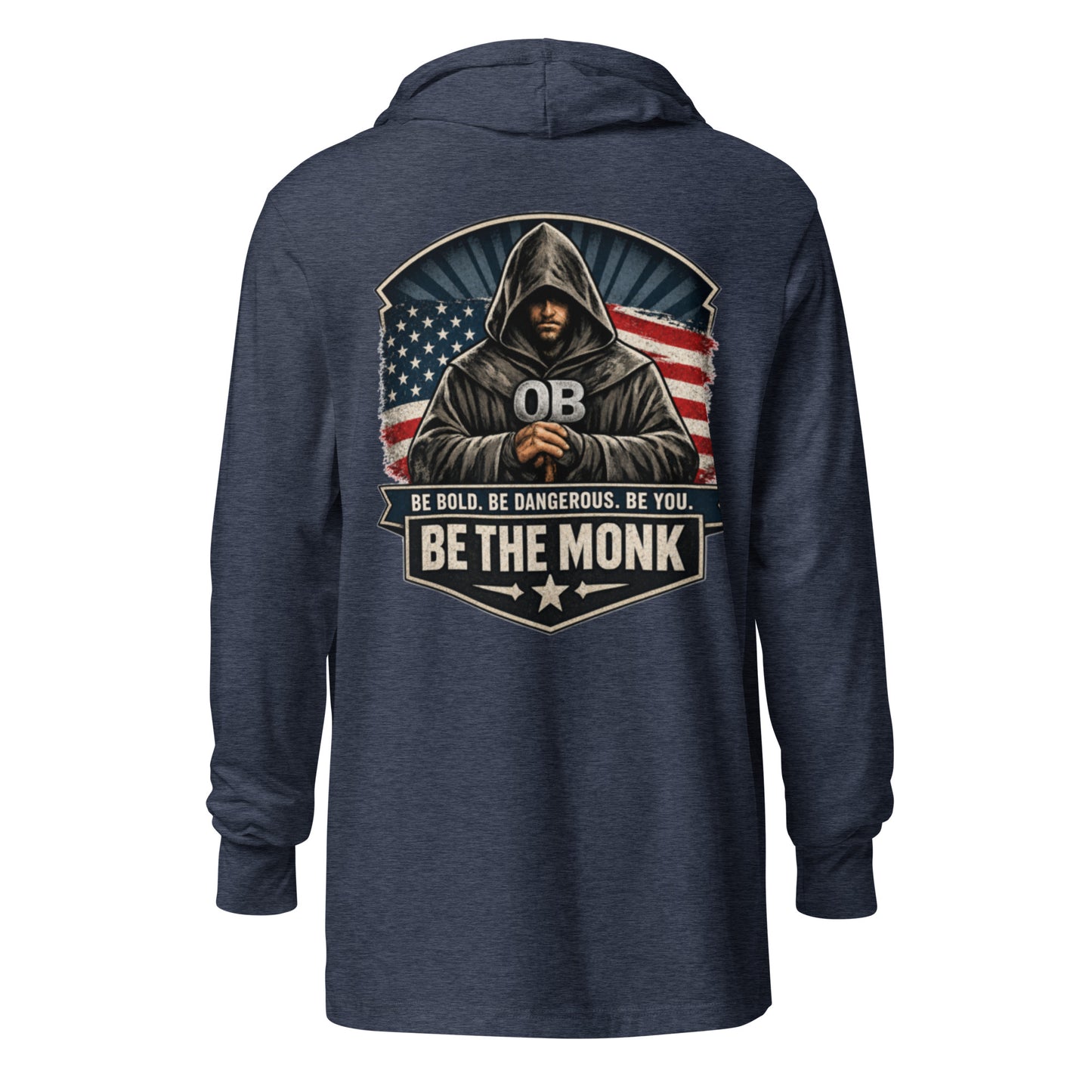 Unisex Heather Navy hooded long-sleeve T-shirt from OB DANGEROUS, designed for gym and streetwear, with a relaxed fit.
