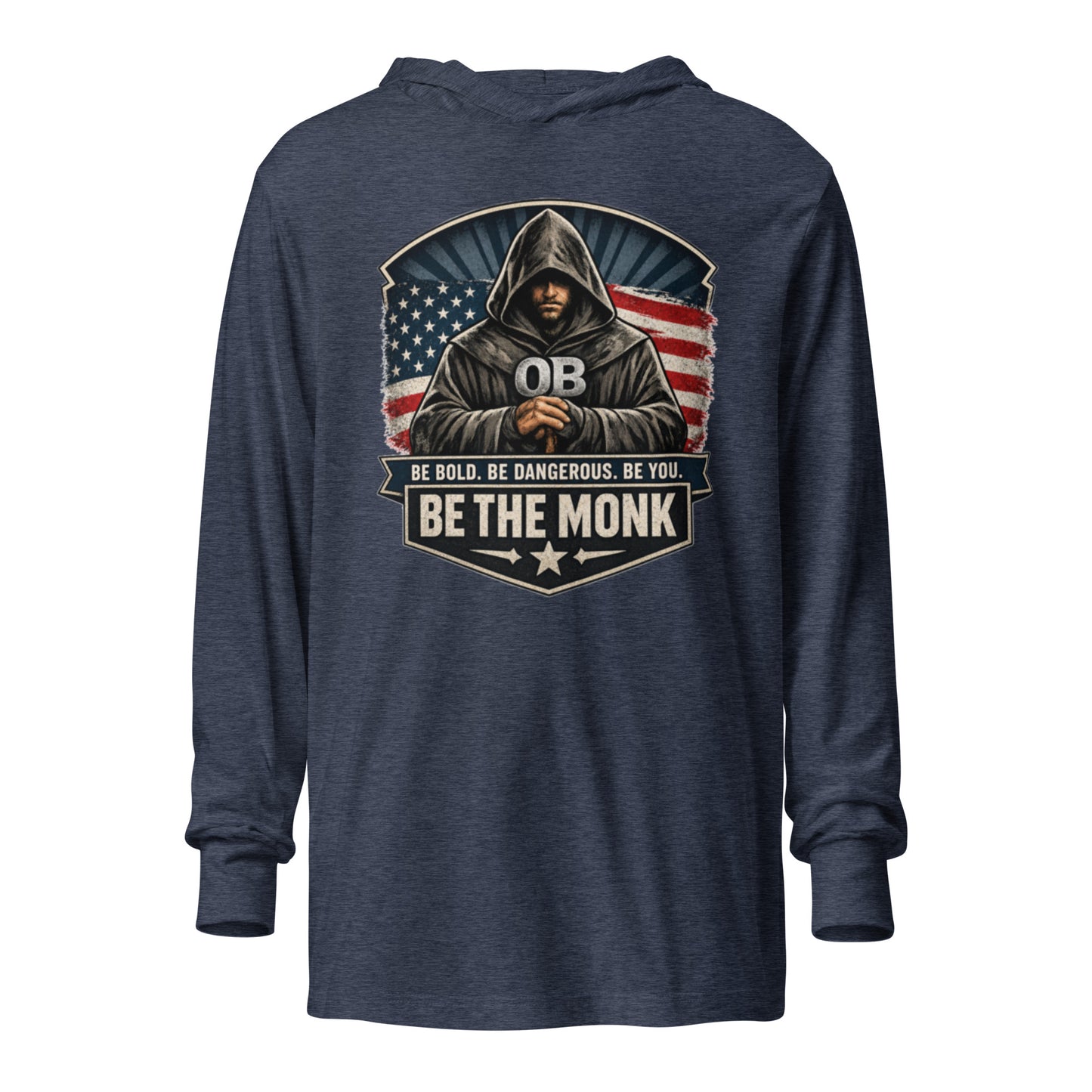 Unisex Heather Navy long-sleeve hoodie T-shirt by OB DANGEROUS with front design, suitable for gym and streetwear style.
