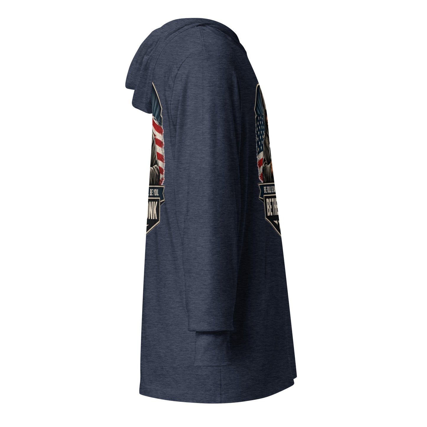 Unisex Heather Navy long-sleeve hooded T-shirt by OB DANGEROUS, designed for gym, street, and casual wear.