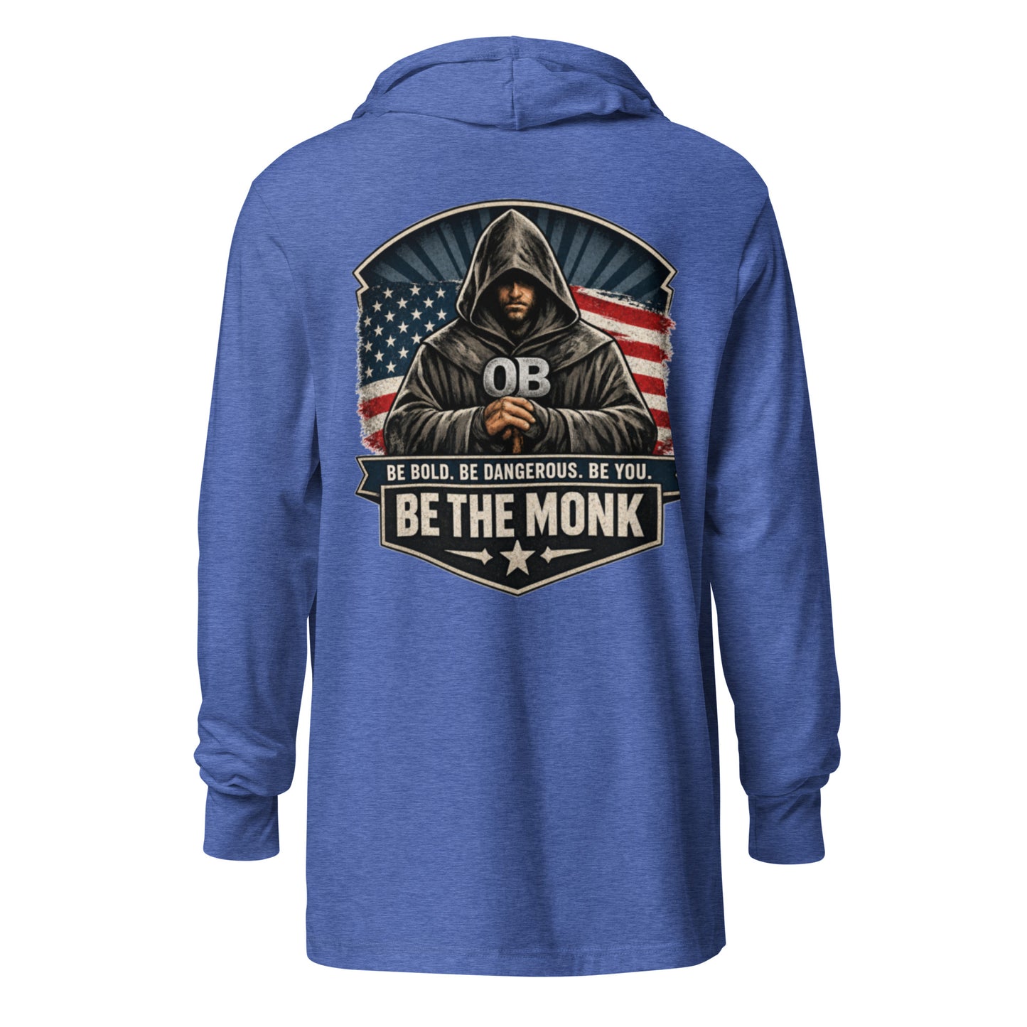 Unisex Heather True Royal hooded long-sleeve T-shirt by OB DANGEROUS, featuring a casual gym and streetwear style with a back design.