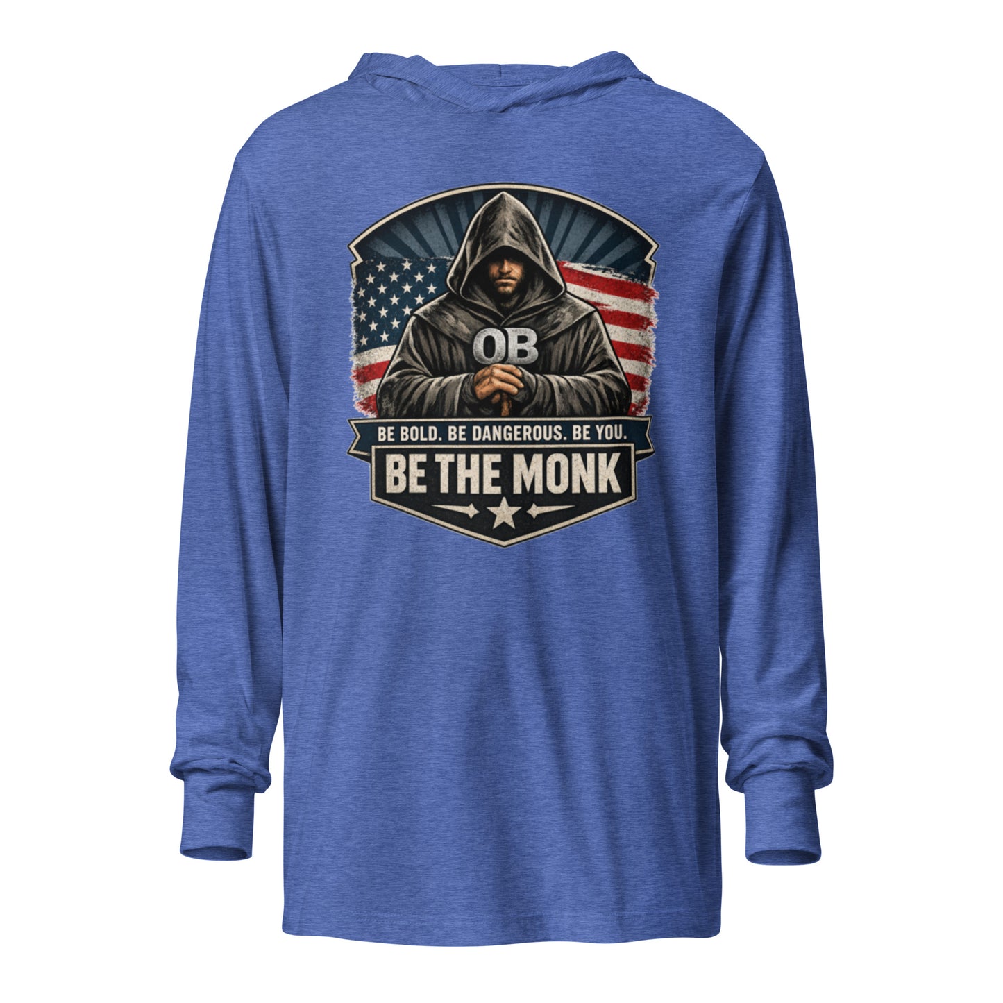 Unisex Heather Royal hooded long-sleeve T-shirt from OB DANGEROUS Be The Monk OBDangerous collection, front view.