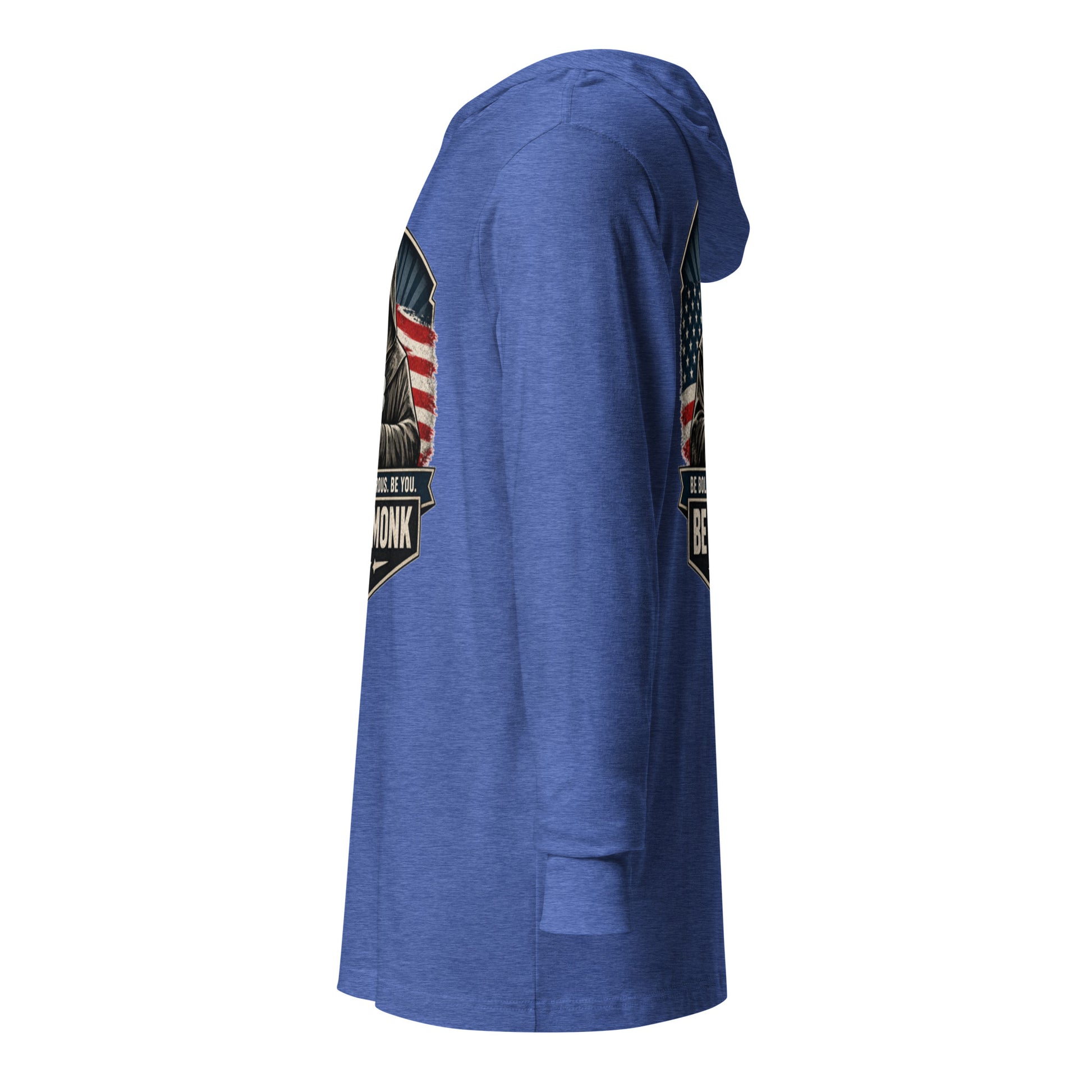 Unisex Heather True Royal Be The Monk OB DANGEROUS long-sleeve hooded T-shirt with front logo design, suitable for gym and streetwear.
