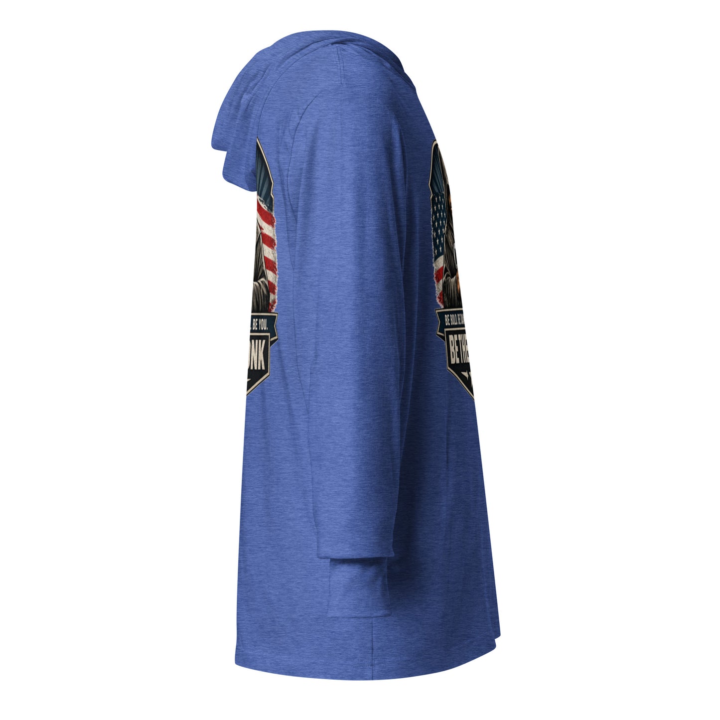 Unisex Heather Royal hooded long-sleeve T-shirt by OB DANGEROUS, designed for gym and street wear, featuring a comfortable fit.
