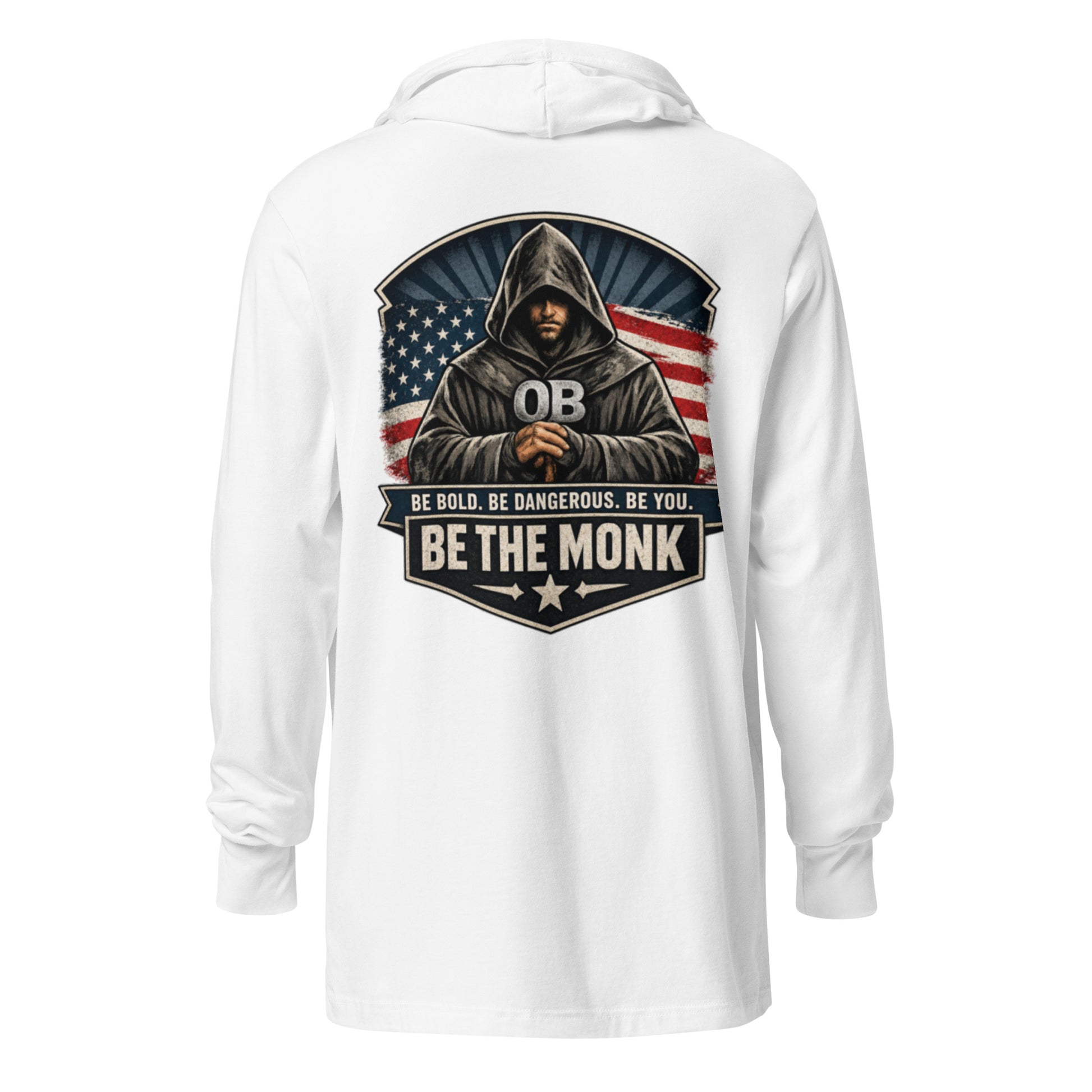 White Be The Monk OBDangerous hooded long-sleeve T-shirt, unisex design with back print, ideal for gym and streetwear.