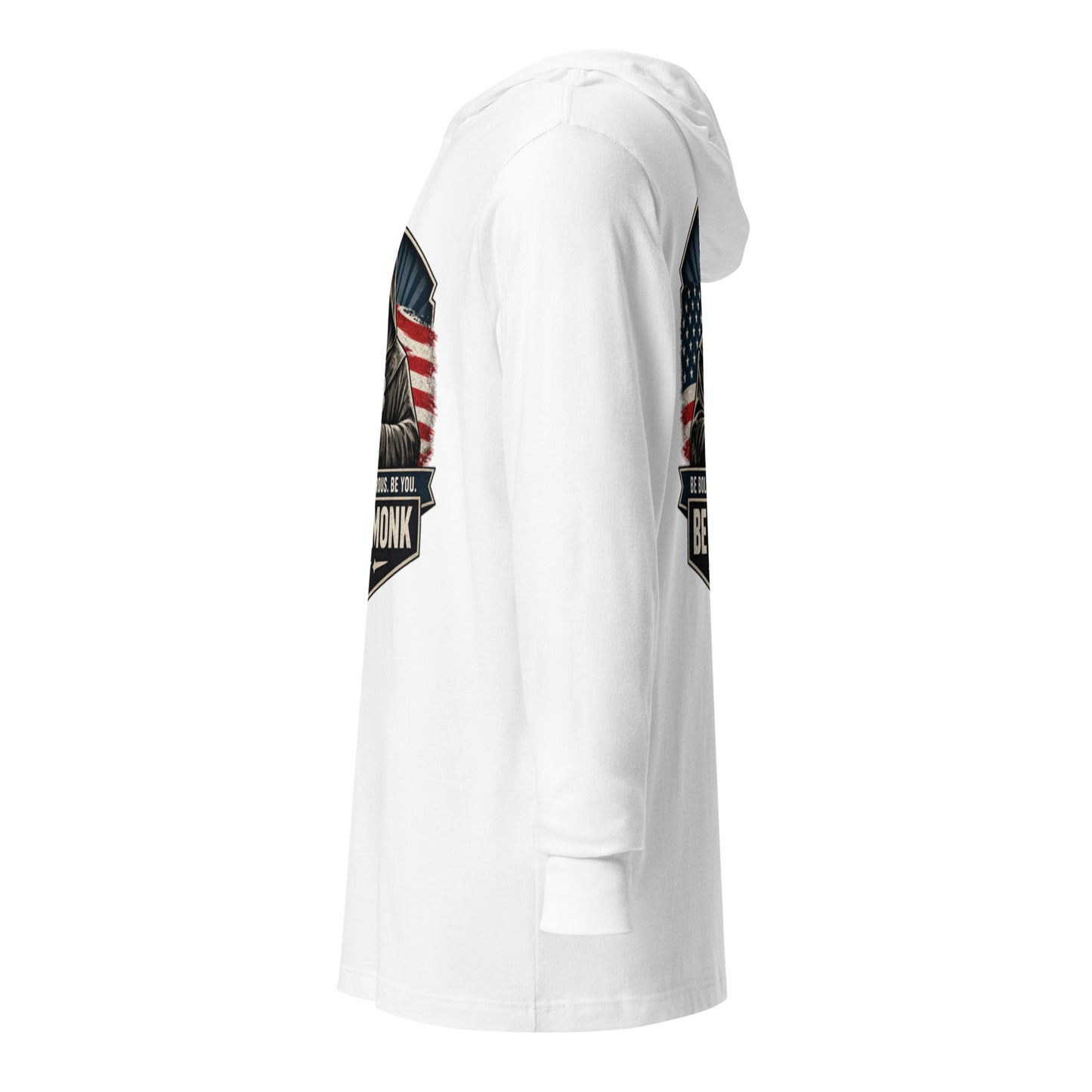 White unisex hooded long-sleeve T-shirt by OB DANGEROUS, featuring a casual design suitable for gym and streetwear styles.