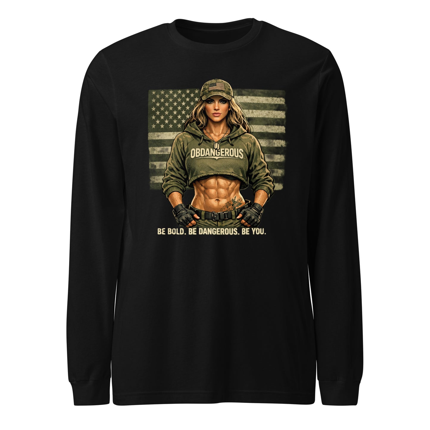 Black unisex long sleeve T-shirt by OB DANGEROUS with "Be Bold Be Dangerous" slogan on the front, designed for gym and street wear.