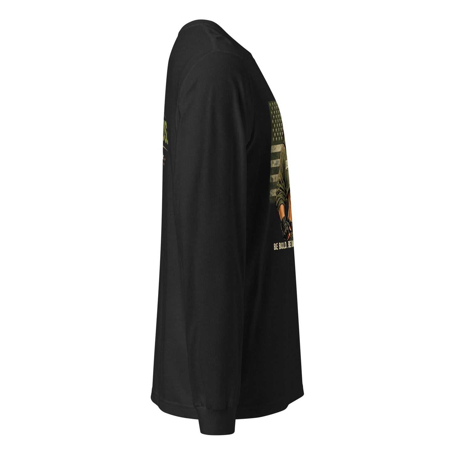 Black Heather Be Bold Be Dangerous unisex long sleeve T-shirt by OB DANGEROUS, featuring bold text design for gym and streetwear.