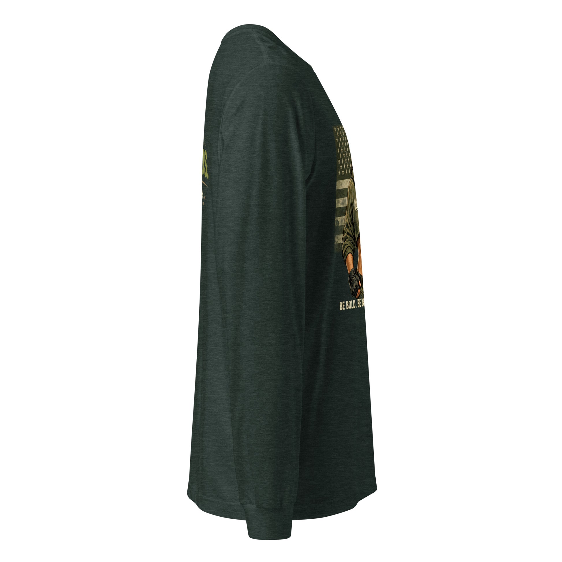 Unisex Heather Forest long sleeve T-shirt from OB DANGEROUS with "Be Bold Be Dangerous" slogan, designed for gym and streetwear.