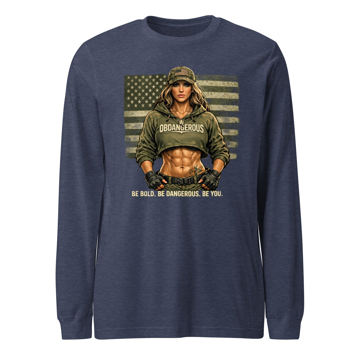 Unisex Heather Navy long sleeve T-shirt from Be Bold Be Dangerous by OB DANGEROUS, featuring a front design for gym and street wear.