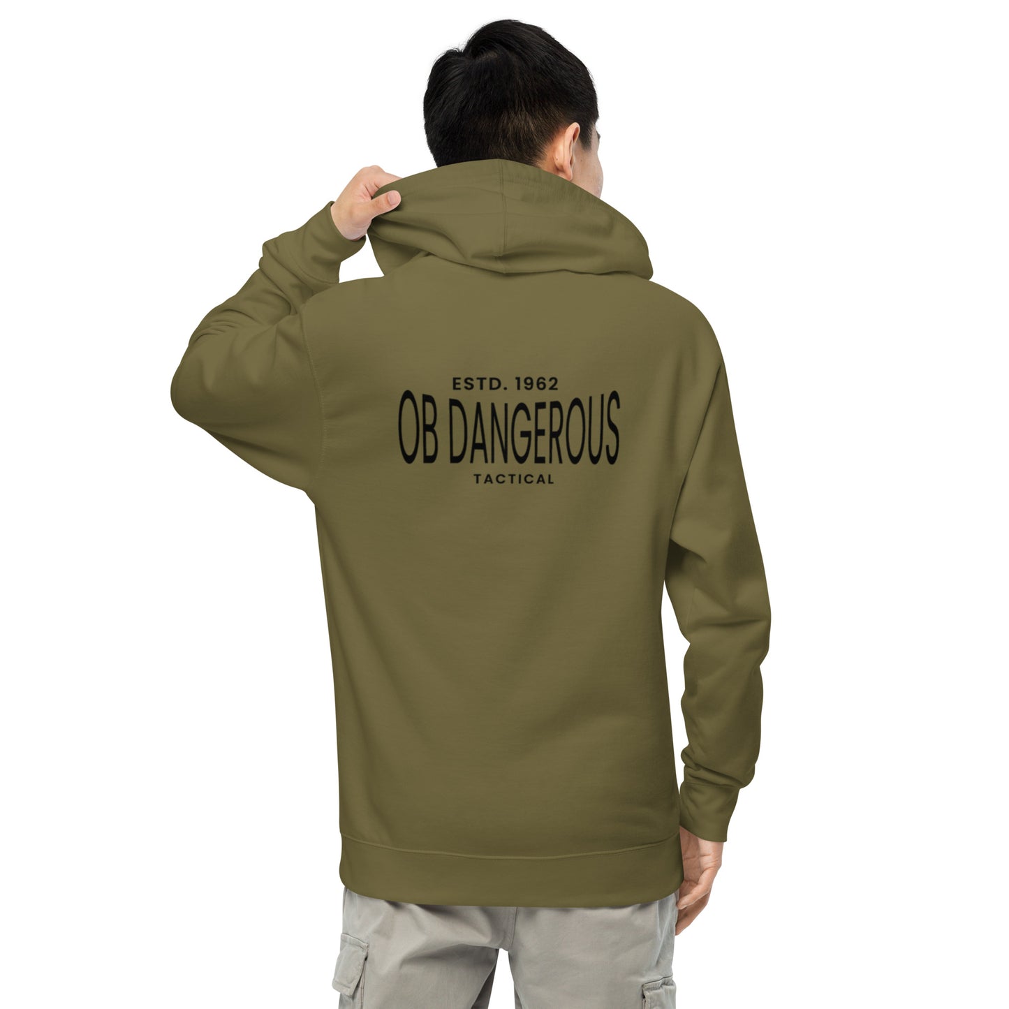 Unisex OBDangerous tactical midweight hoodie in army green, showing front view with hood and long sleeves for casual or gym wear.