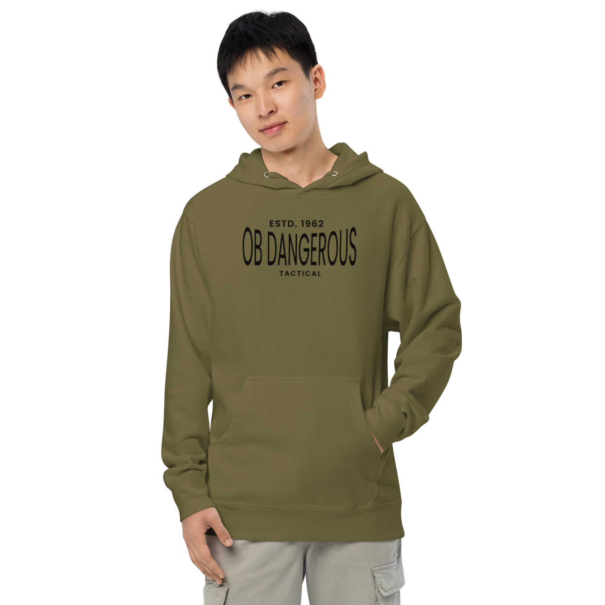 Unisex midweight hoodie by OB DANGEROUS with tactical design, front view showing army-inspired pattern and comfortable fit.