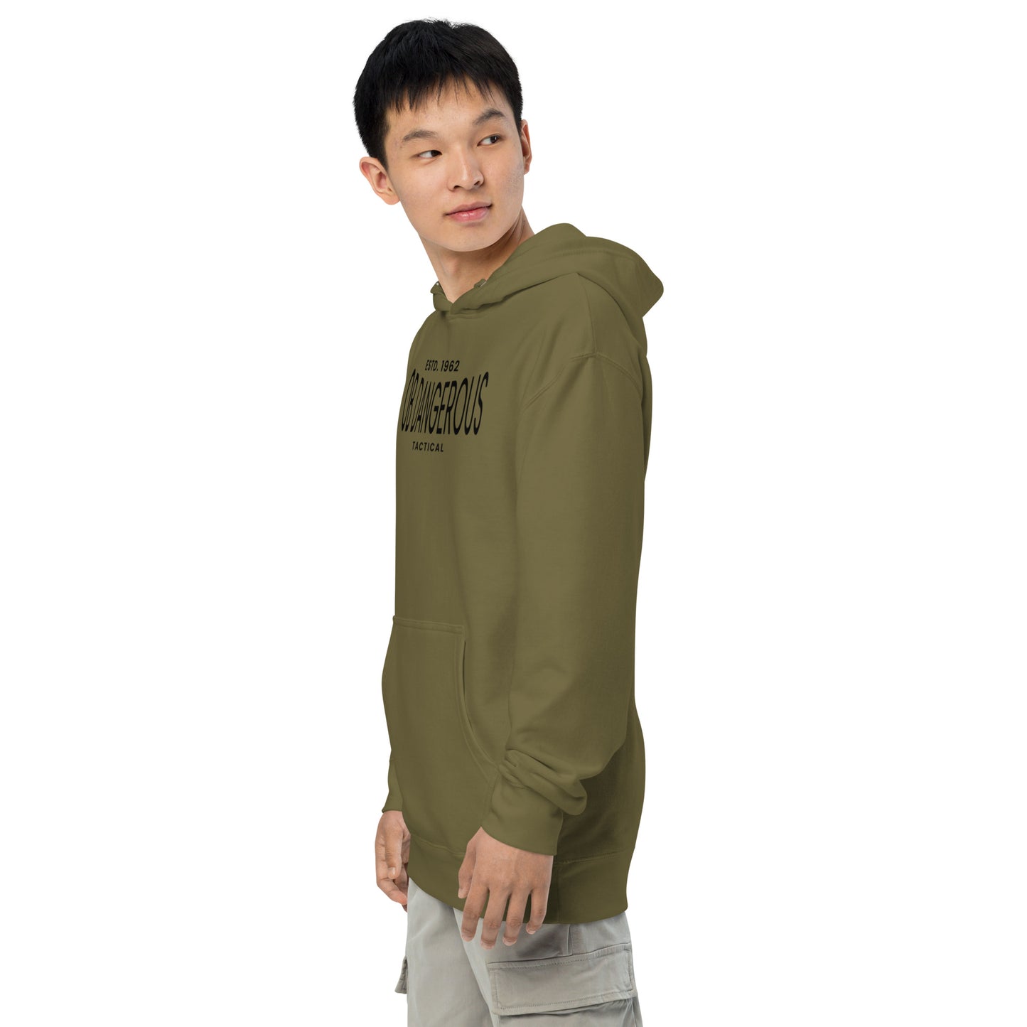 Unisex midweight hoodie by OB DANGEROUS featuring tactical design, army green color, and casual fit for gym and streetwear.