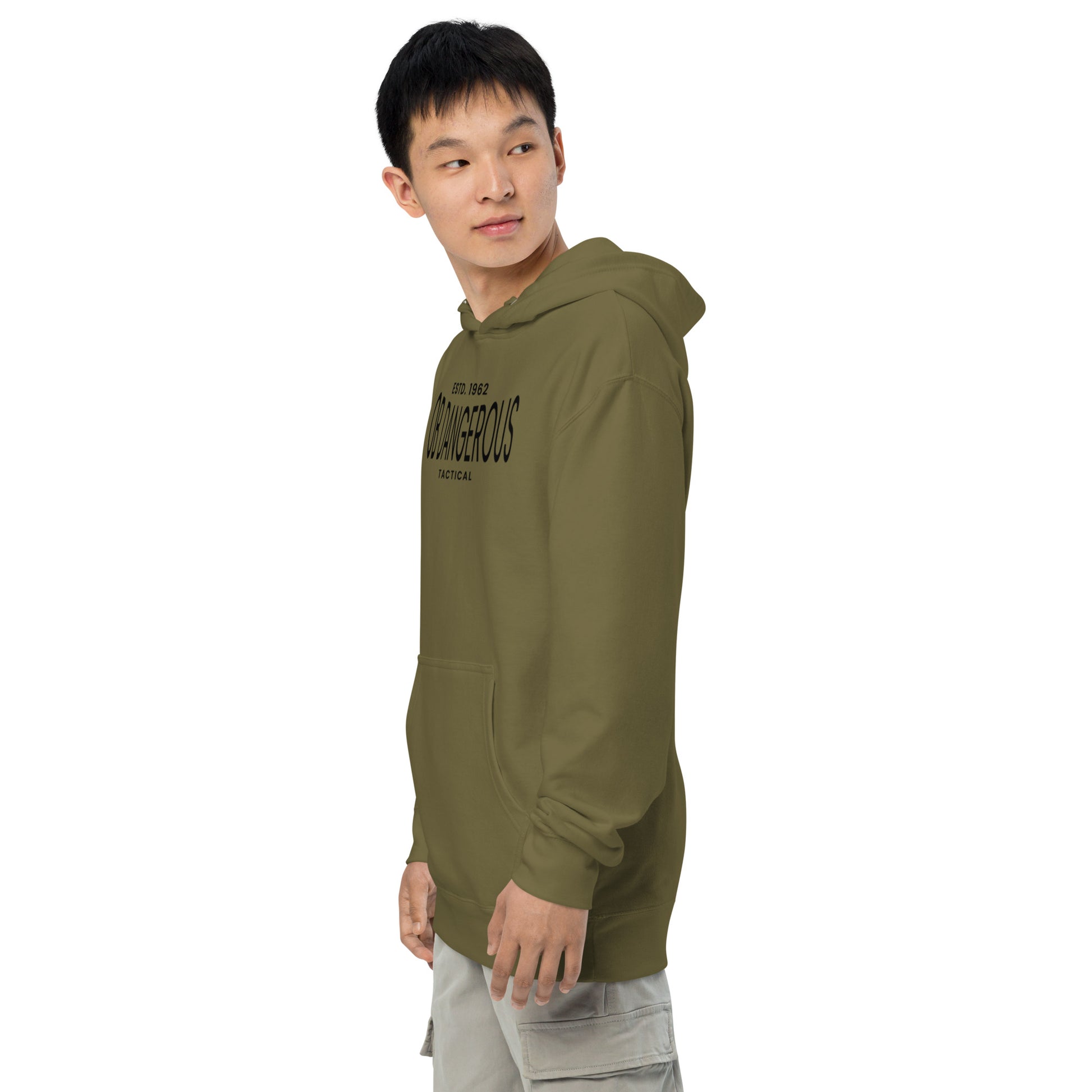 Unisex midweight hoodie by OB DANGEROUS featuring tactical design, army green color, and casual fit for gym and streetwear.